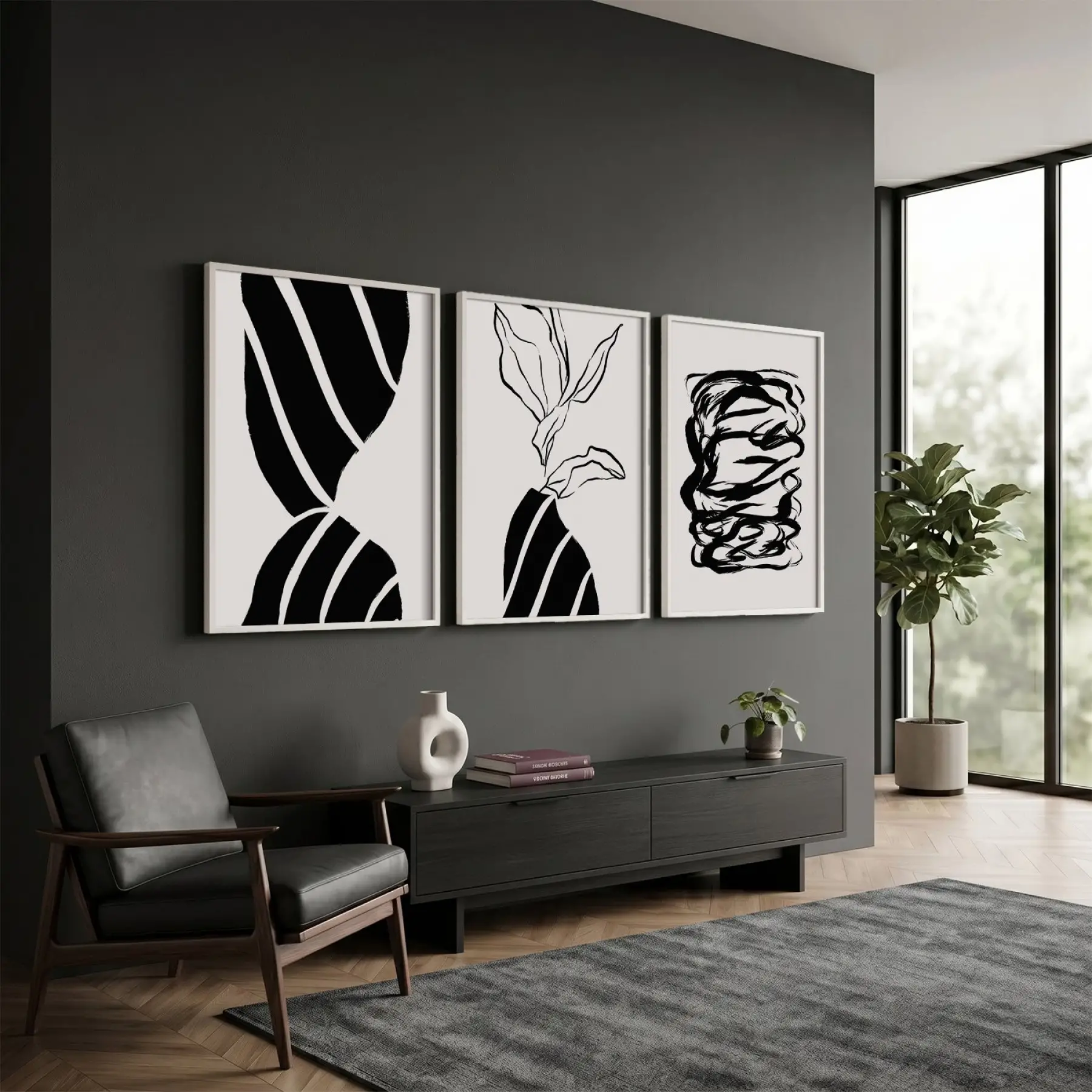 Minimalist Siyah Beyaz Formlar 3lü Beyaz Çerçeveli Tablo Seti Duvar Tablo Oda Dekorasyonu Dekoratif