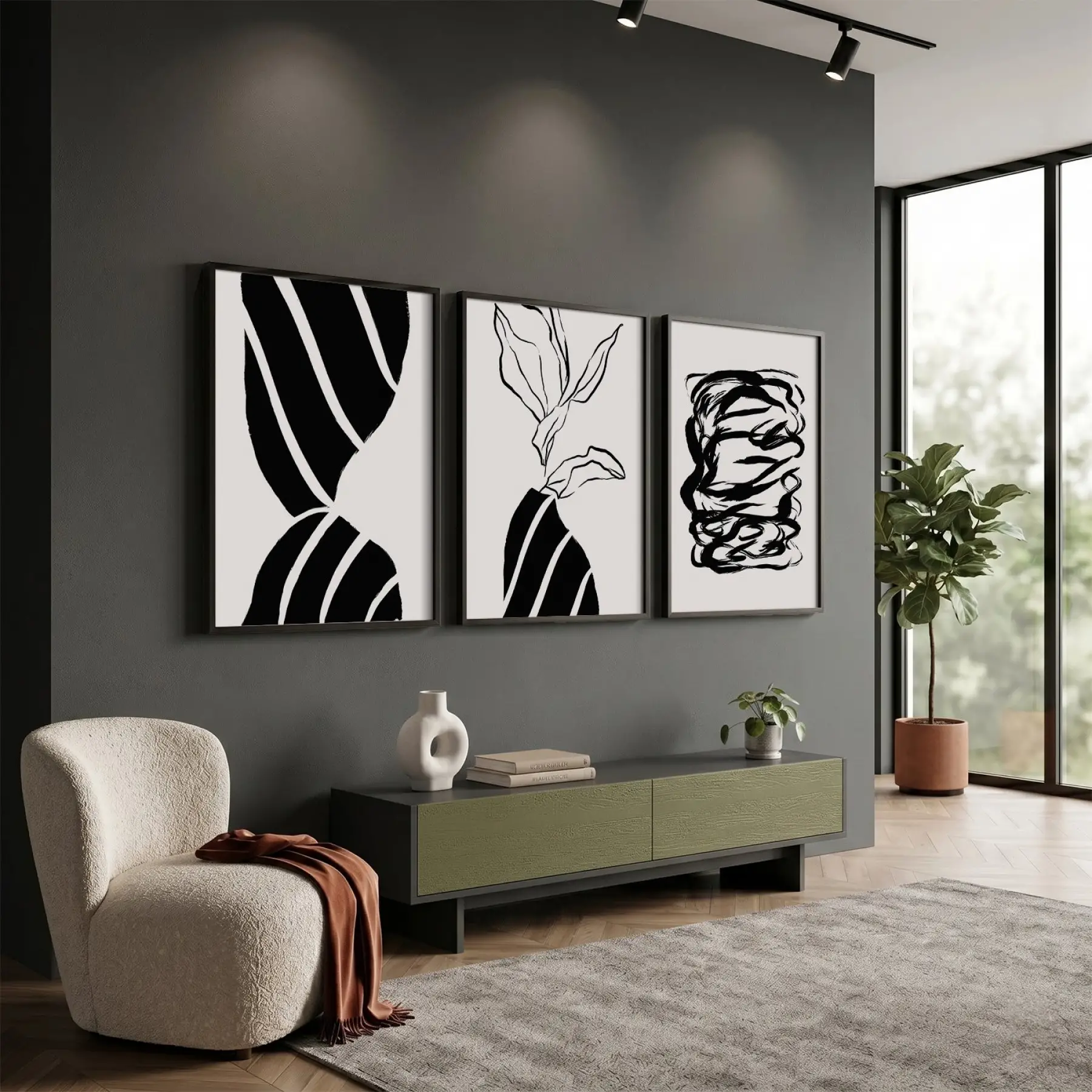 Minimalist Siyah Beyaz Formlar 3lü Siyah Çerçeveli Tablo Seti Tablo Çerçeve Salon Duvar Tablo Dekor