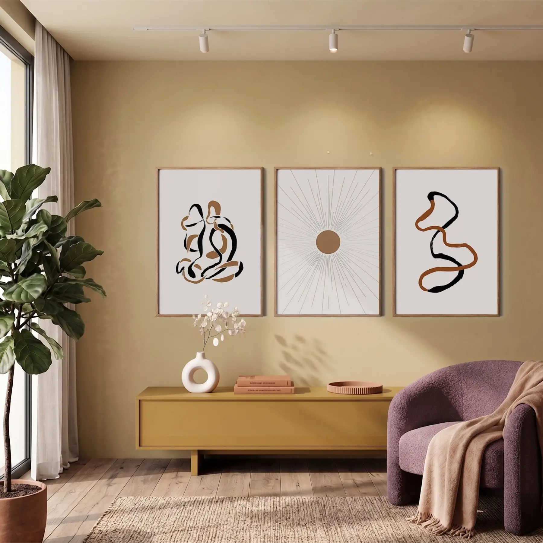 Toprak Tonları Soyut Çizgiler 3lü Ahşap Çerçeveli Tablo Seti Salon Duvar Tablo Poster Tablo