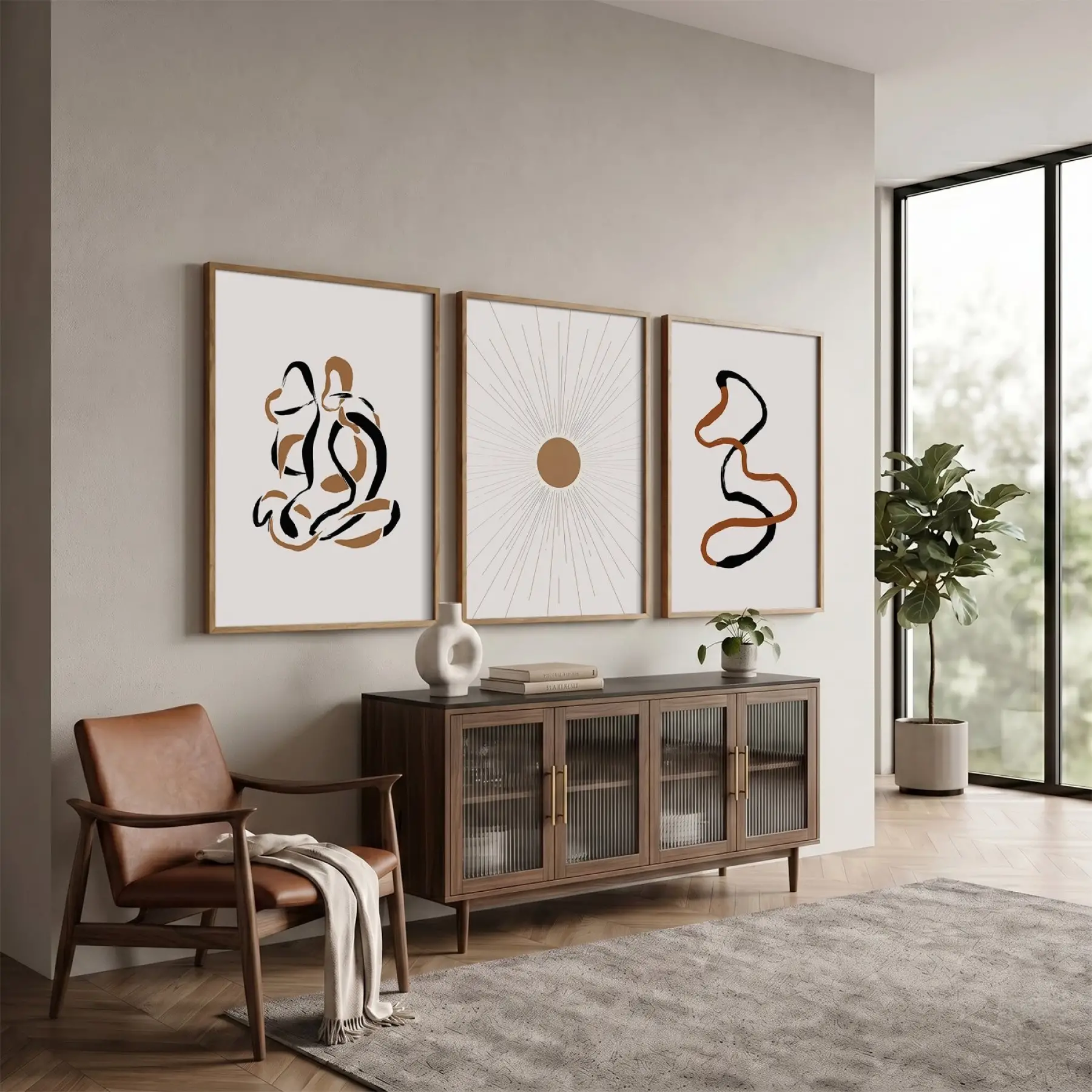 Toprak Tonları Soyut Çizgiler 3lü Ahşap Çerçeveli Tablo Seti Salon Duvar Tablo Poster Tablo