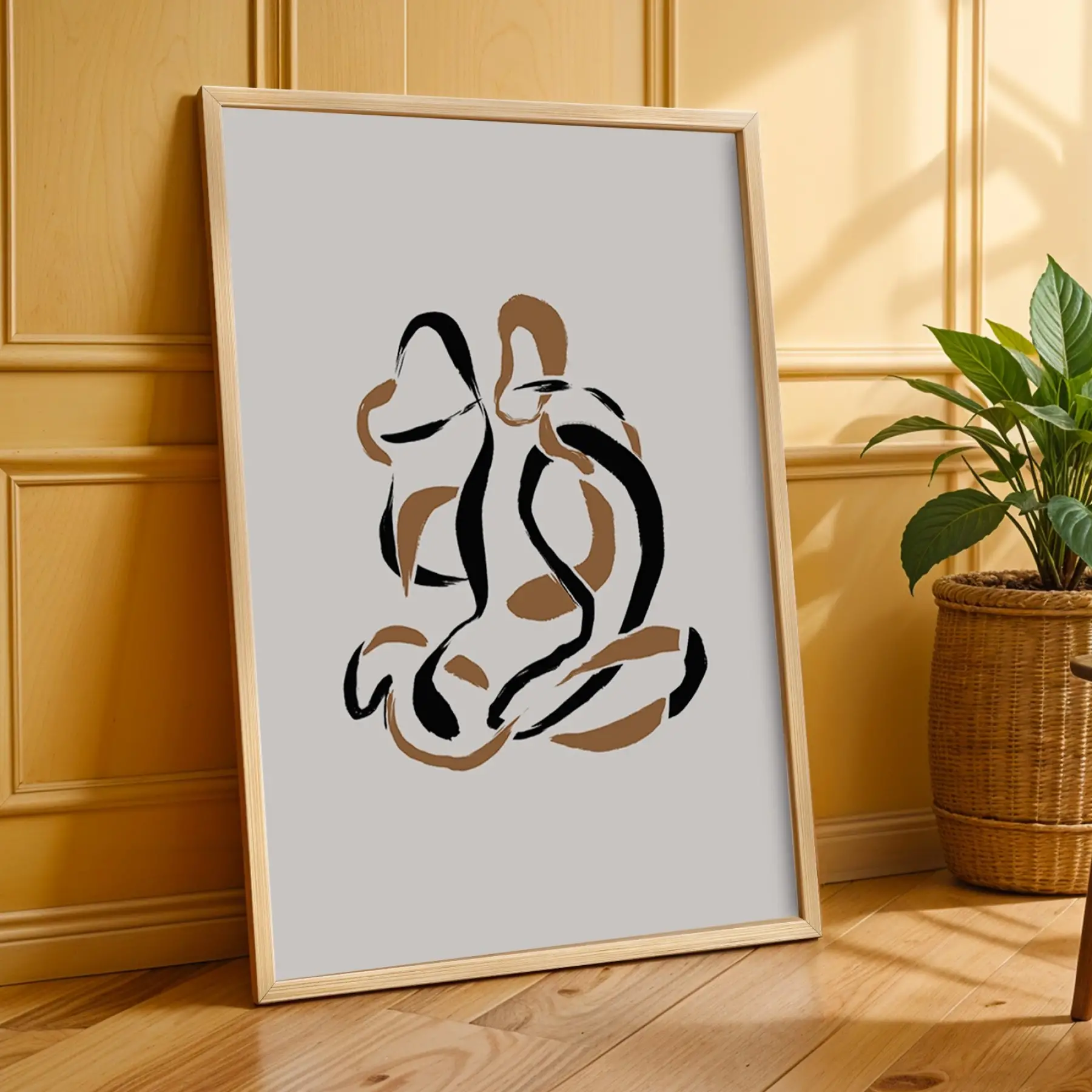 Toprak Tonları Soyut Çizgiler 3lü Ahşap Çerçeveli Tablo Seti Salon Duvar Tablo Poster Tablo