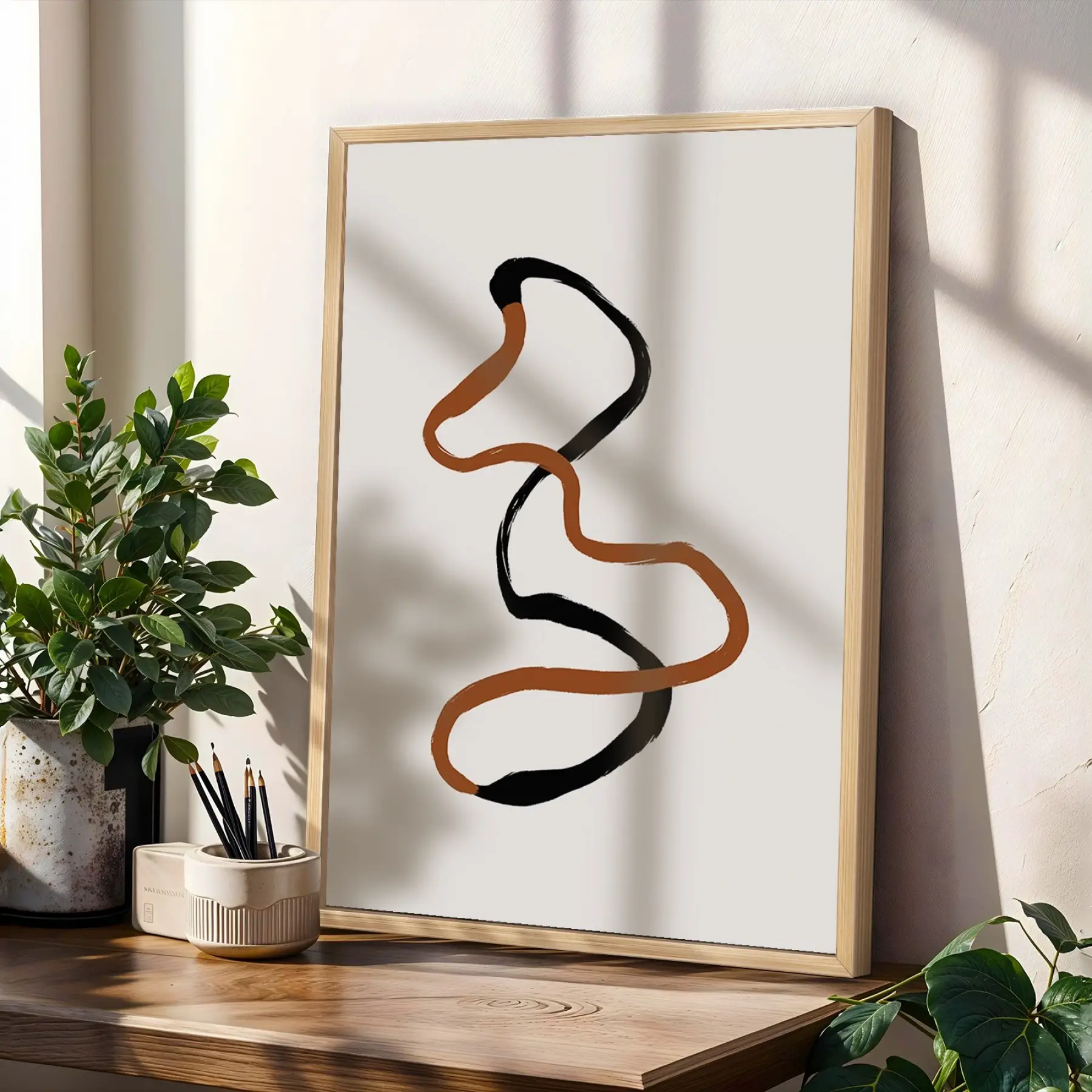 Toprak Tonları Soyut Çizgiler 3lü Ahşap Çerçeveli Tablo Seti Salon Duvar Tablo Poster Tablo