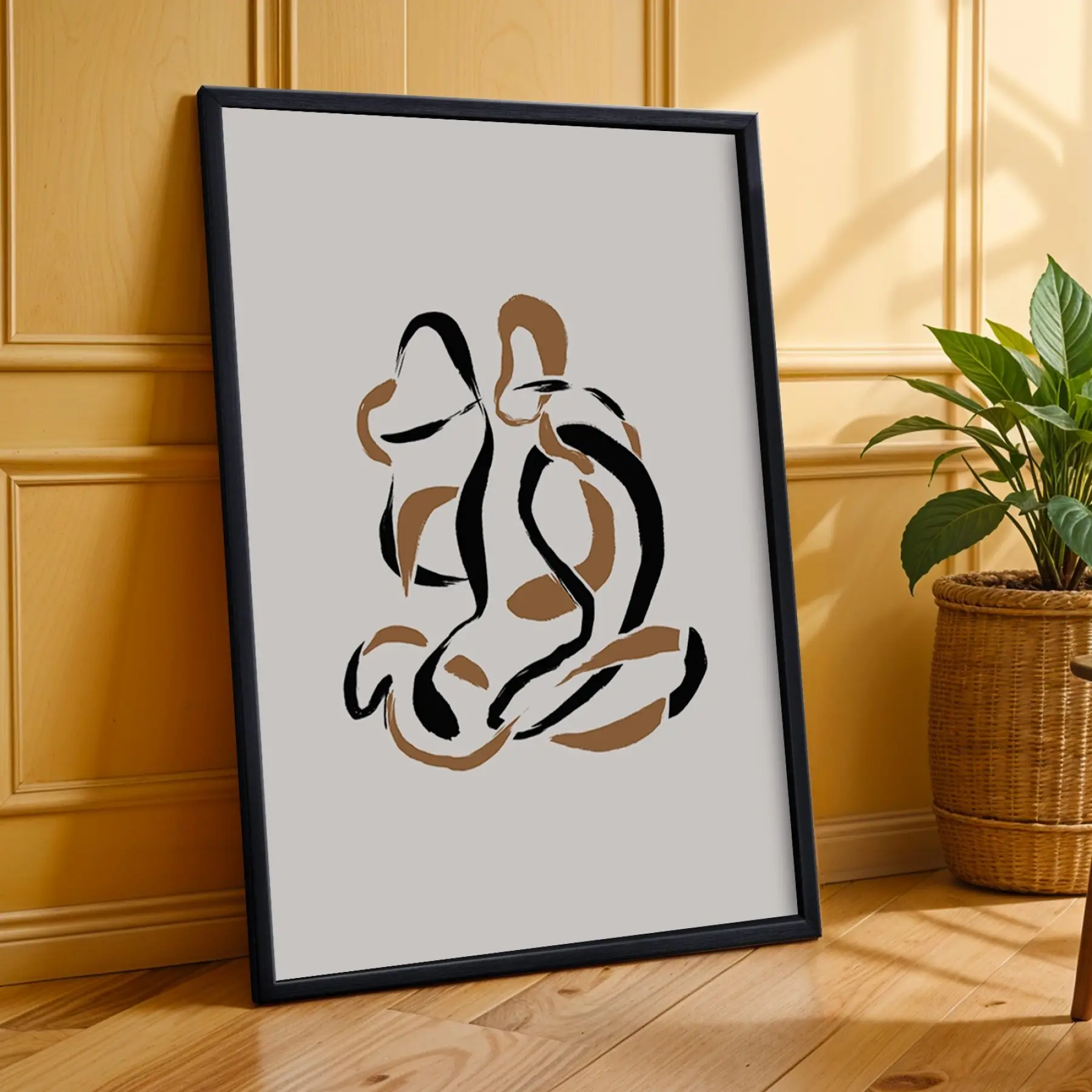 Toprak Tonları Soyut Çizgiler 3lü Siyah Çerçeveli Tablo Seti Poster Tablo Resim Çerçevesi Dekoratif