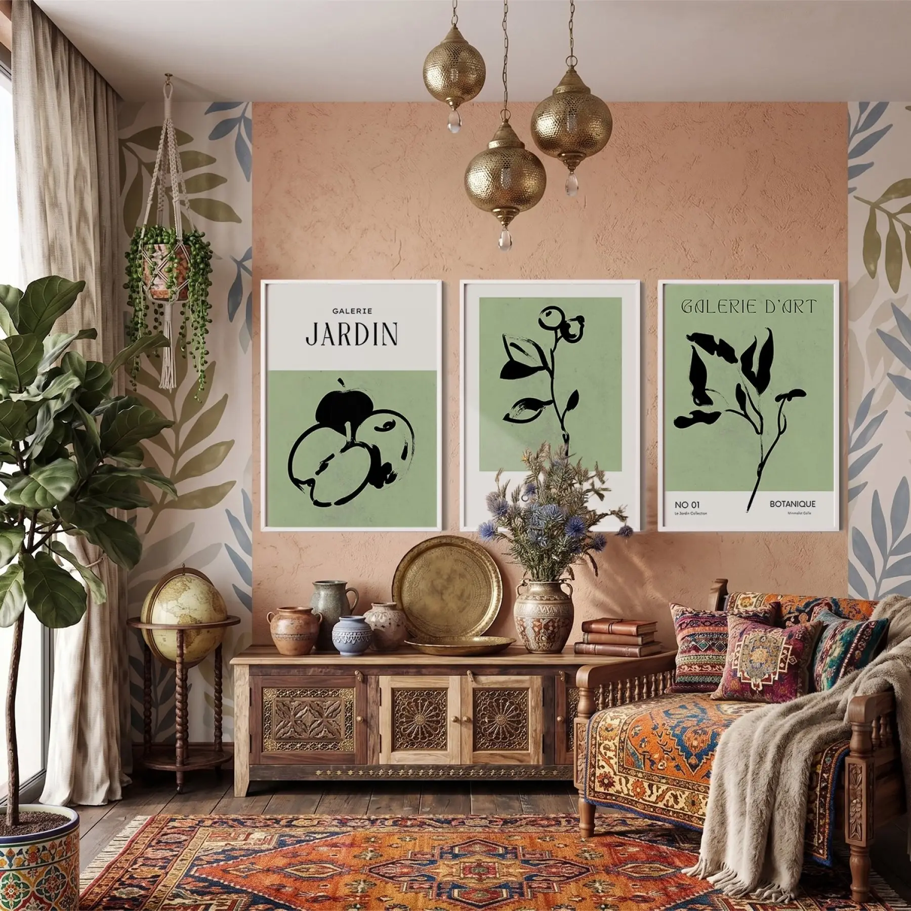 Minimalist Botanik Çizimler 3lü Beyaz Çerçeveli Tablo Seti Bohem Tablo Poster Tablo Resim Çerçevesi