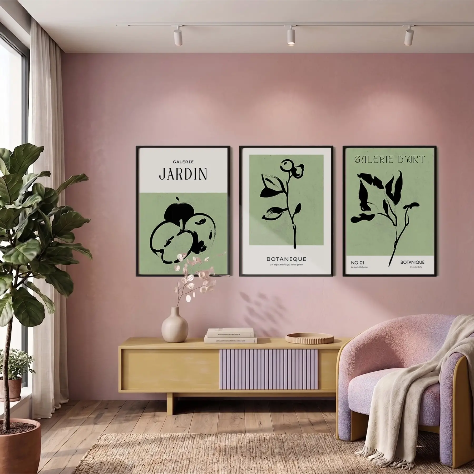 Minimalist Botanik Çizimler 3lü Siyah Çerçeveli Tablo Seti Bohem Tablo Poster Tablo Resim Çerçevesi