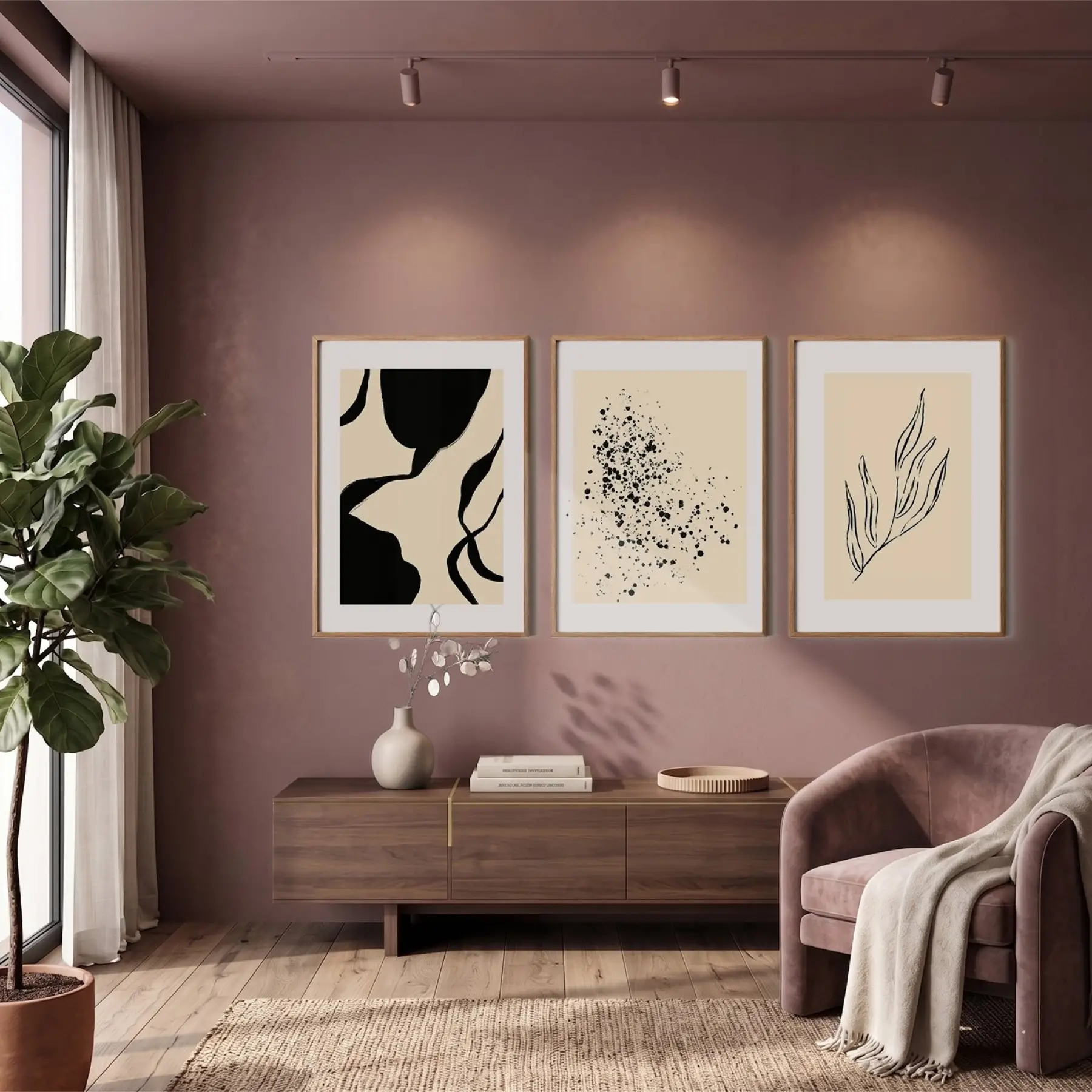 Soyut Bej Siyah Trio 3lü Ahşap Çerçeveli Tablo Seti Poster Tablo Duvar Tablo Ev Dekorasyonu