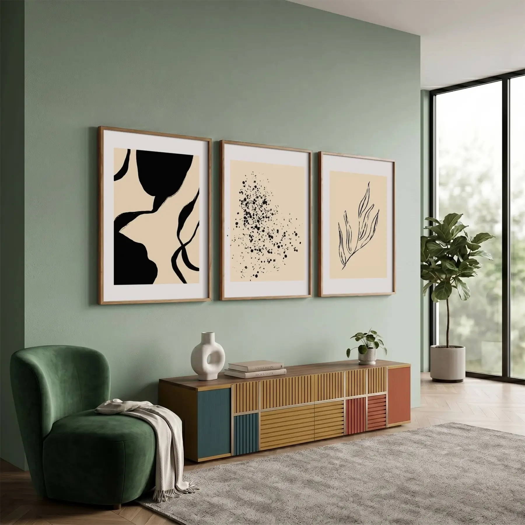 Soyut Bej Siyah Trio 3lü Ahşap Çerçeveli Tablo Seti Poster Tablo Duvar Tablo Ev Dekorasyonu