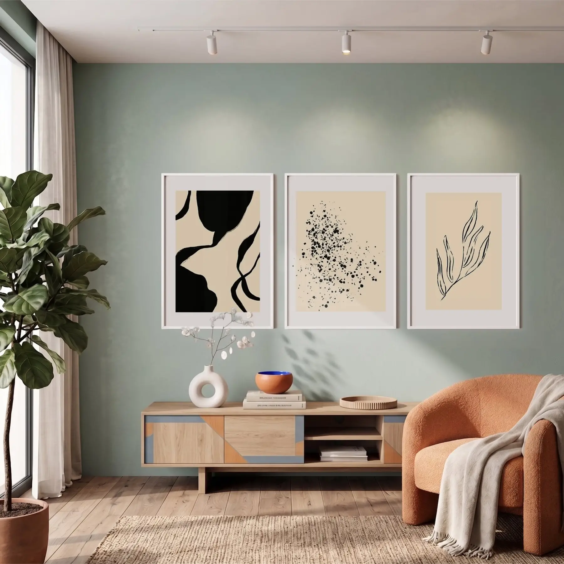 Soyut Bej Siyah Trio 3lü Beyaz Çerçeveli Tablo Seti Poster Tablo Resim Çerçevesi Dekoratif Obje