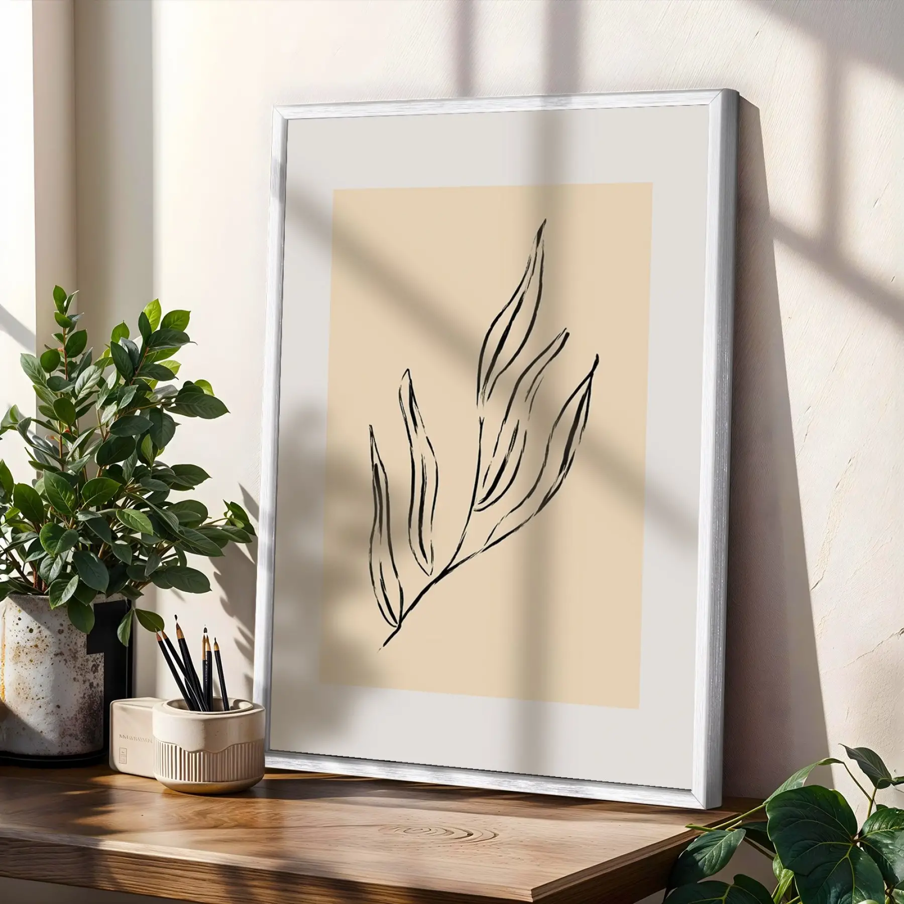 Soyut Bej Siyah Trio 3lü Beyaz Çerçeveli Tablo Seti Poster Tablo Resim Çerçevesi Dekoratif Obje