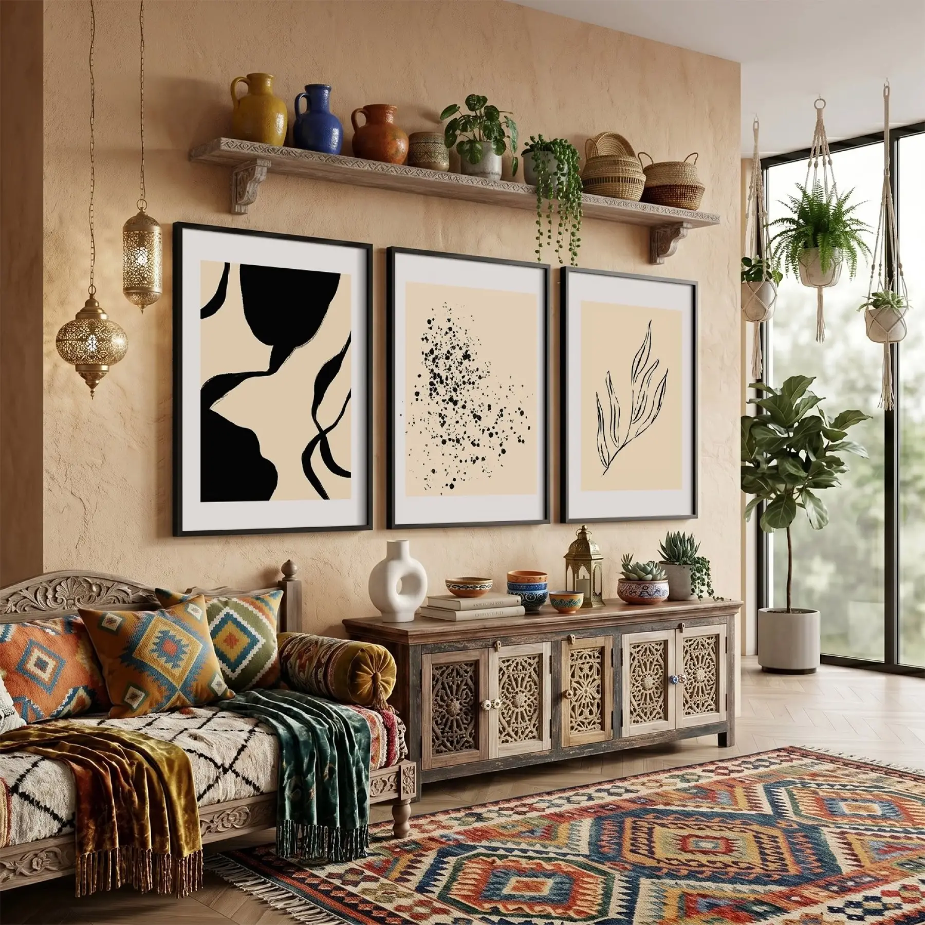 Soyut Bej Siyah Trio 3lü Siyah Çerçeveli Tablo Seti Duvar Tablo Oda Dekorasyonu Salon Aksesuarları