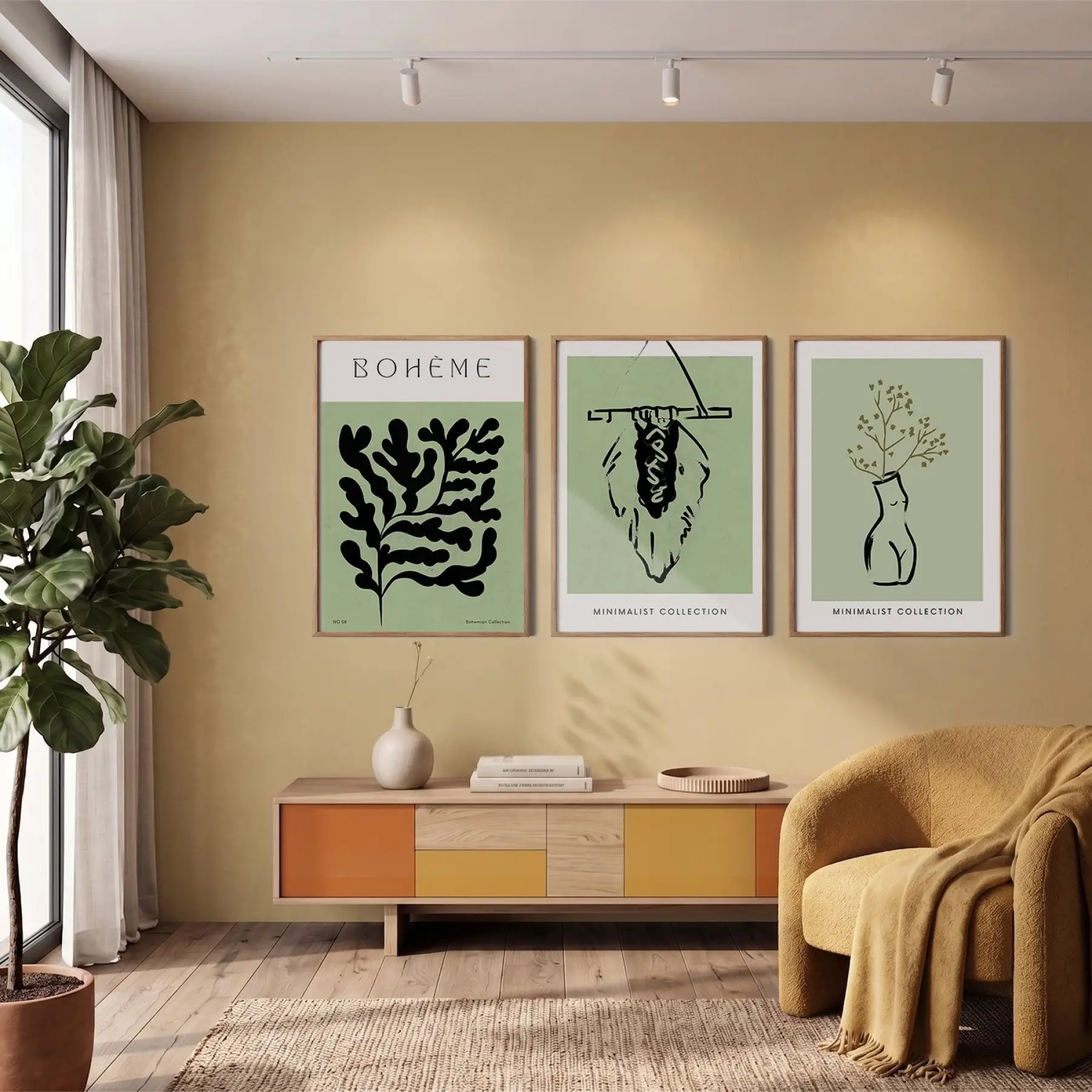Yeşil Minimalist Bohem 3lü Ahşap Çerçeveli Tablo Seti Bohem Tablo Duvar Tablo Oda Dekorasyonu Salon