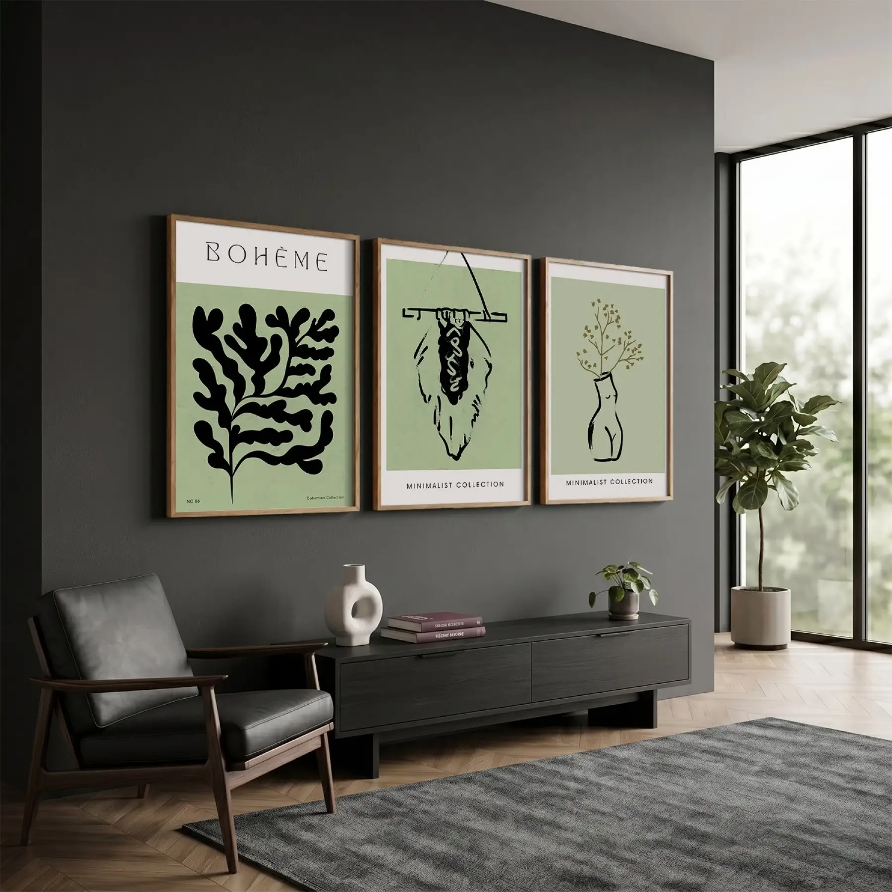 Yeşil Minimalist Bohem 3lü Ahşap Çerçeveli Tablo Seti Bohem Tablo Duvar Tablo Oda Dekorasyonu Salon