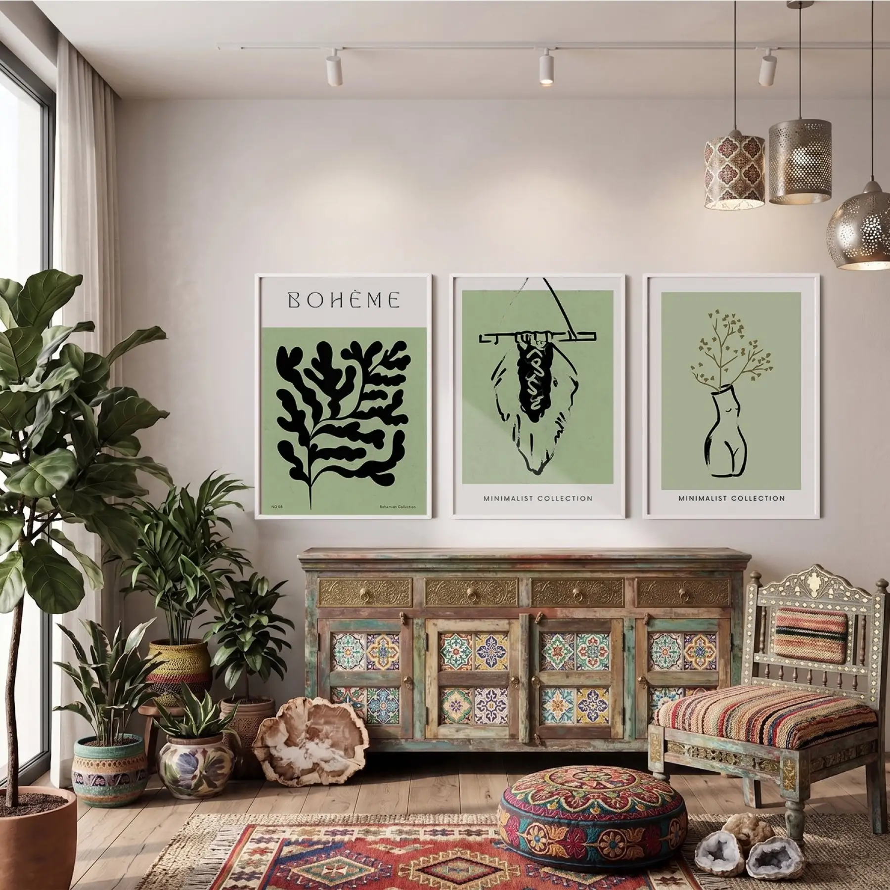 Yeşil Minimalist Bohem 3lü Beyaz Çerçeveli Tablo Seti Bohem Tablo Duvar Tablo Oda Dekorasyonu Salon