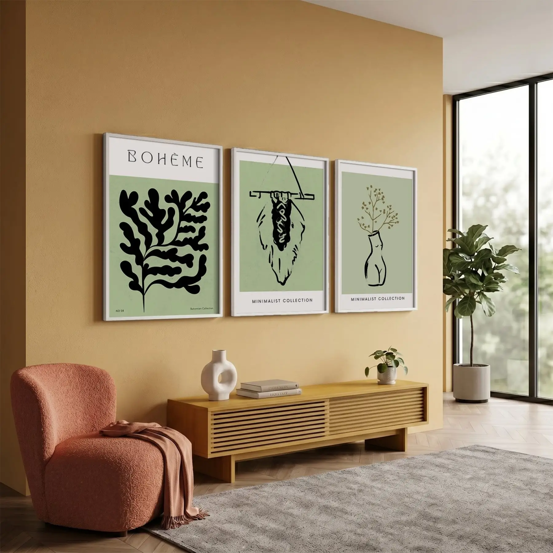 Yeşil Minimalist Bohem 3lü Beyaz Çerçeveli Tablo Seti Bohem Tablo Duvar Tablo Oda Dekorasyonu Salon