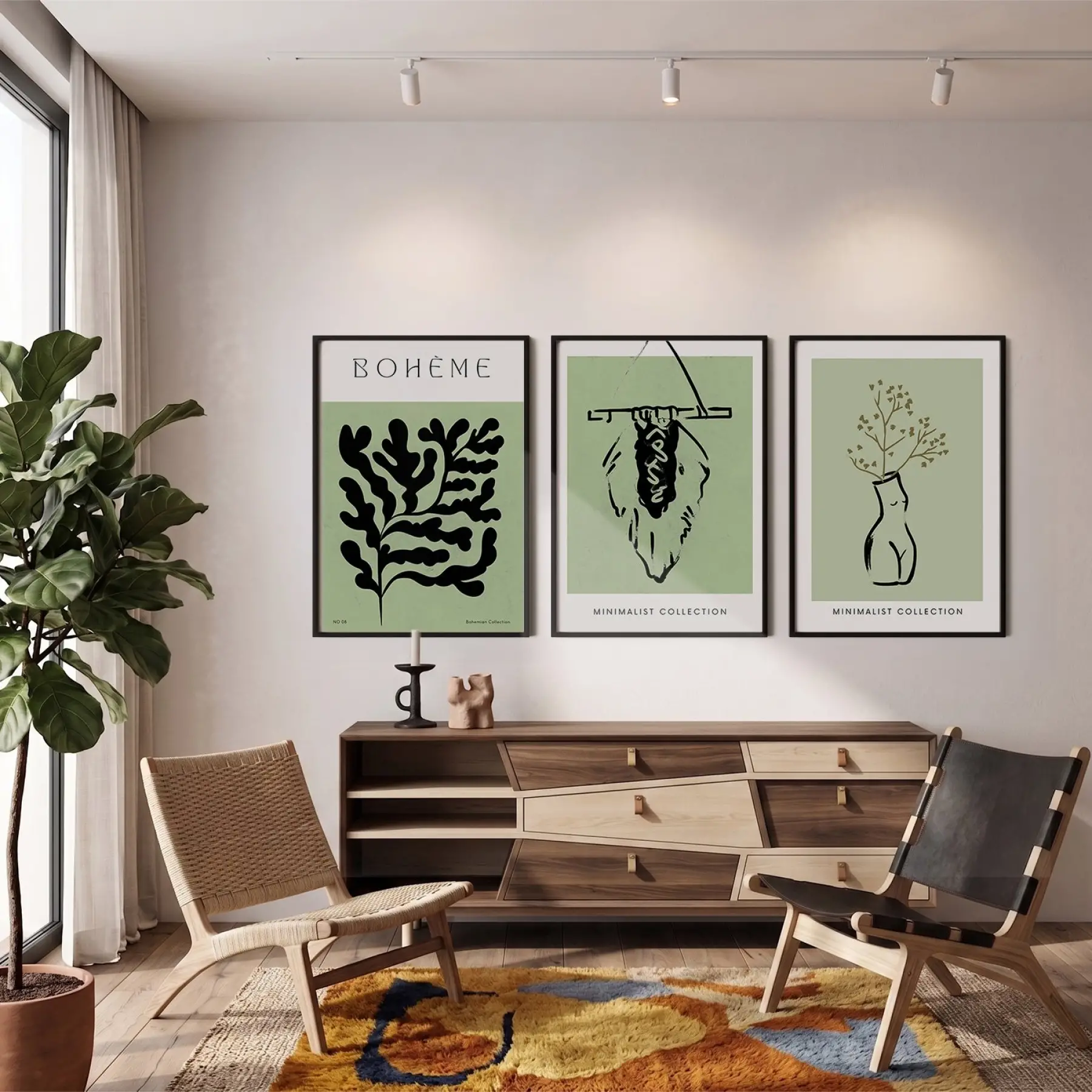 Yeşil Minimalist Bohem 3lü Siyah Çerçeveli Tablo Seti Bohem Tablo Resim Çerçevesi Tablo Salon