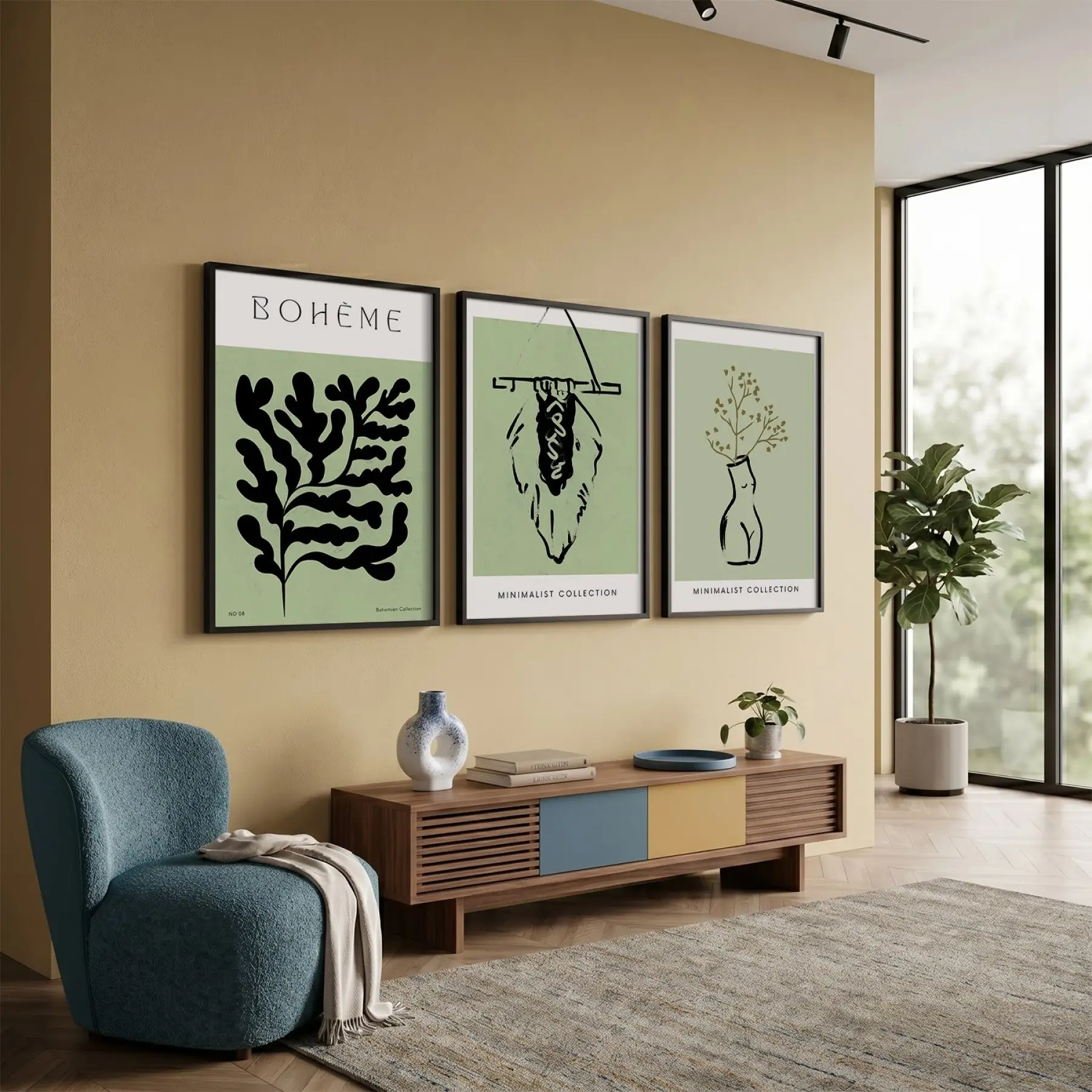 Yeşil Minimalist Bohem 3lü Siyah Çerçeveli Tablo Seti Bohem Tablo Resim Çerçevesi Tablo Salon