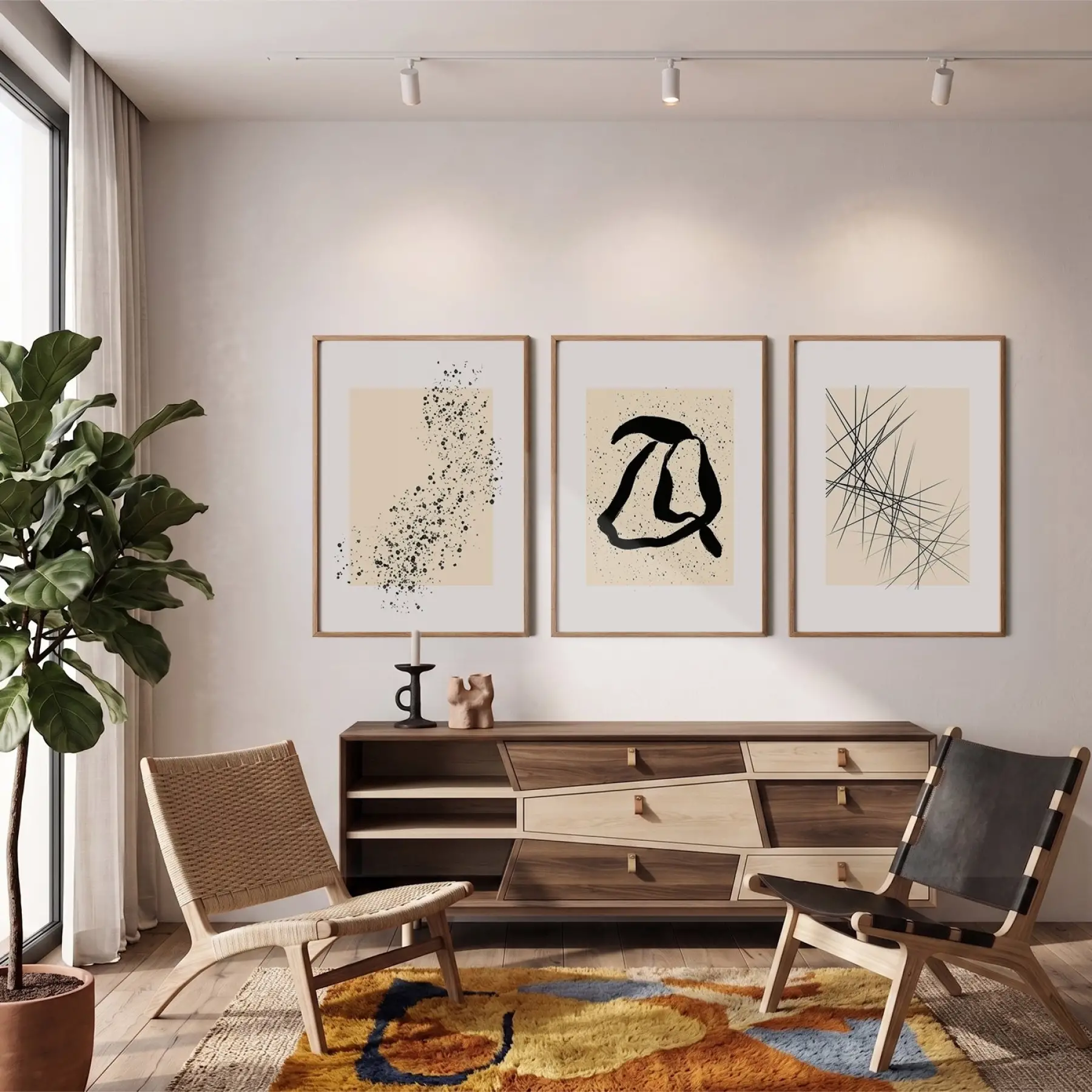 Bej Siyah Soyut Denge 3lü Ahşap Çerçeveli Tablo Seti Salon Duvar Tablo Poster Tablo