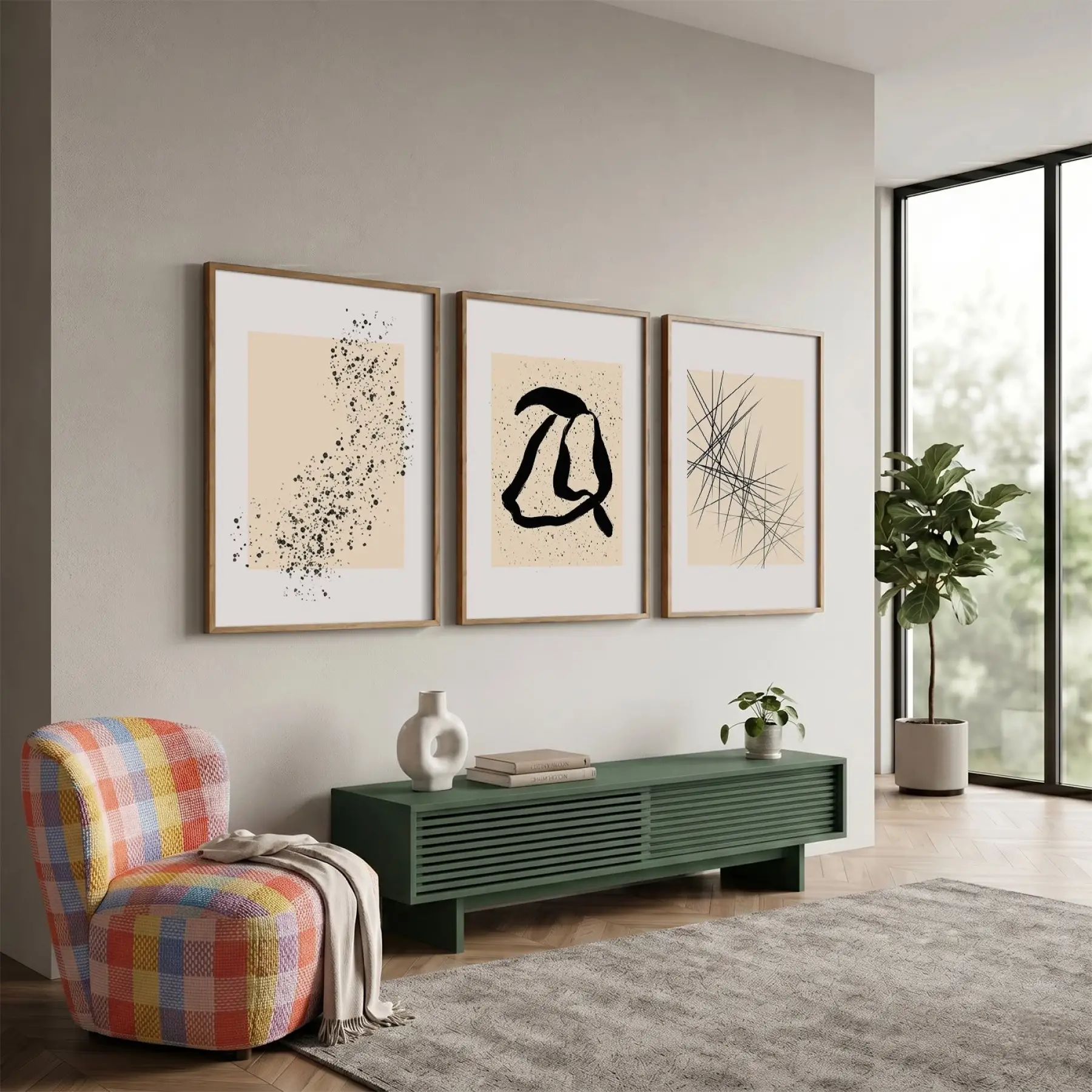 Bej Siyah Soyut Denge 3lü Ahşap Çerçeveli Tablo Seti Salon Duvar Tablo Poster Tablo
