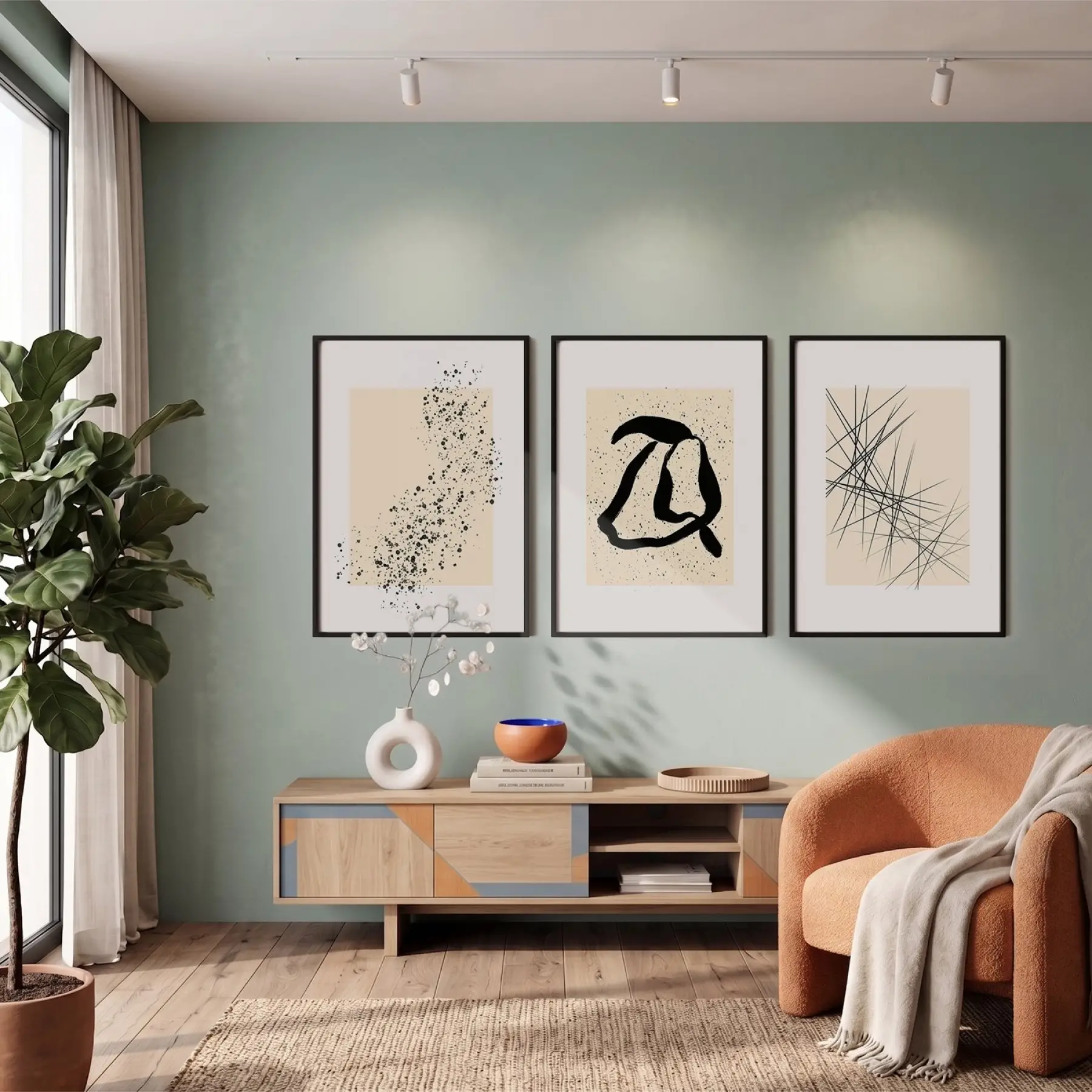 Bej Siyah Soyut Denge 3lü Siyah Çerçeveli Tablo Seti Salon Duvar Tablo Poster Tablo
