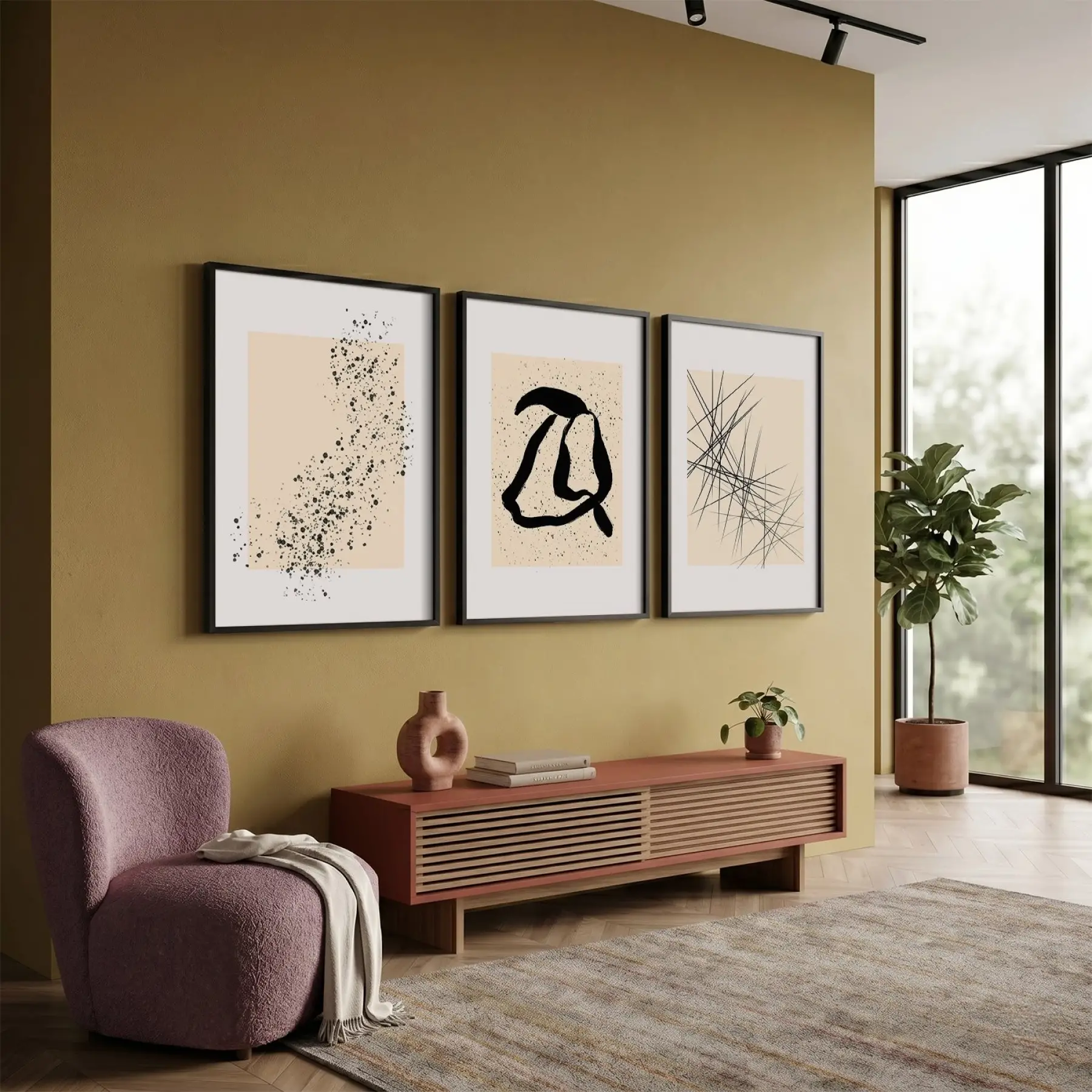 Bej Siyah Soyut Denge 3lü Siyah Çerçeveli Tablo Seti Salon Duvar Tablo Poster Tablo