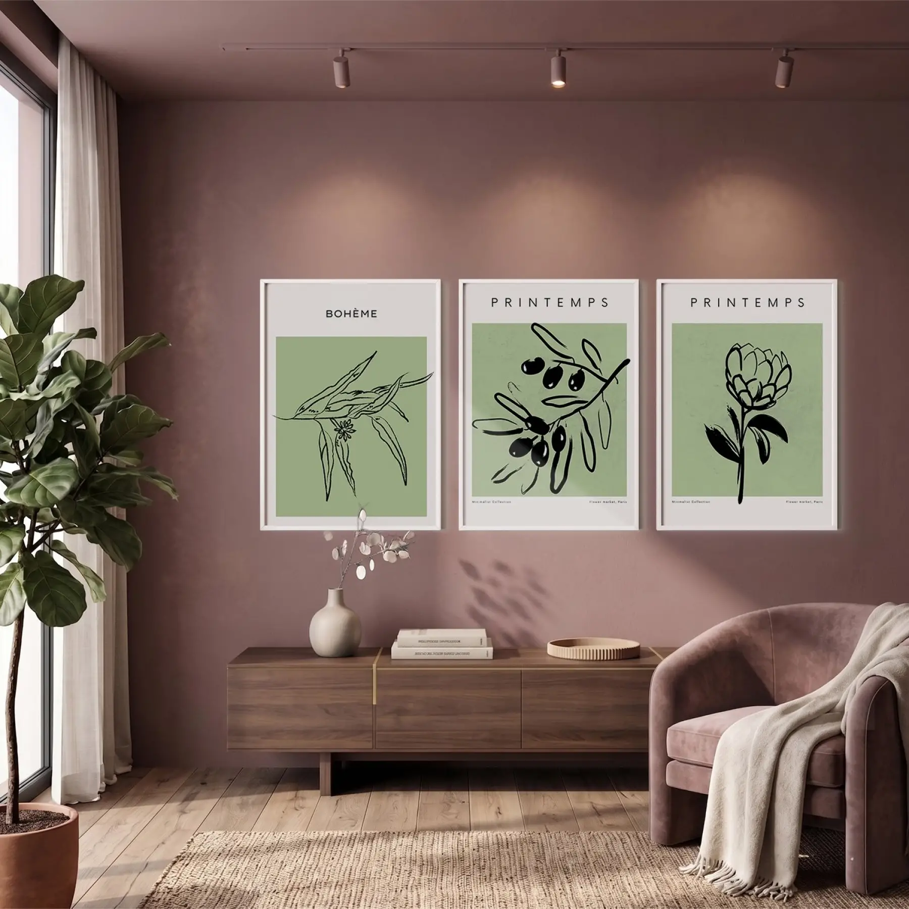Adaçayı Yaprak Sanatı 3lü Beyaz Çerçeveli Tablo Seti Poster Tablo Resim Çerçevesi Dekoratif Obje