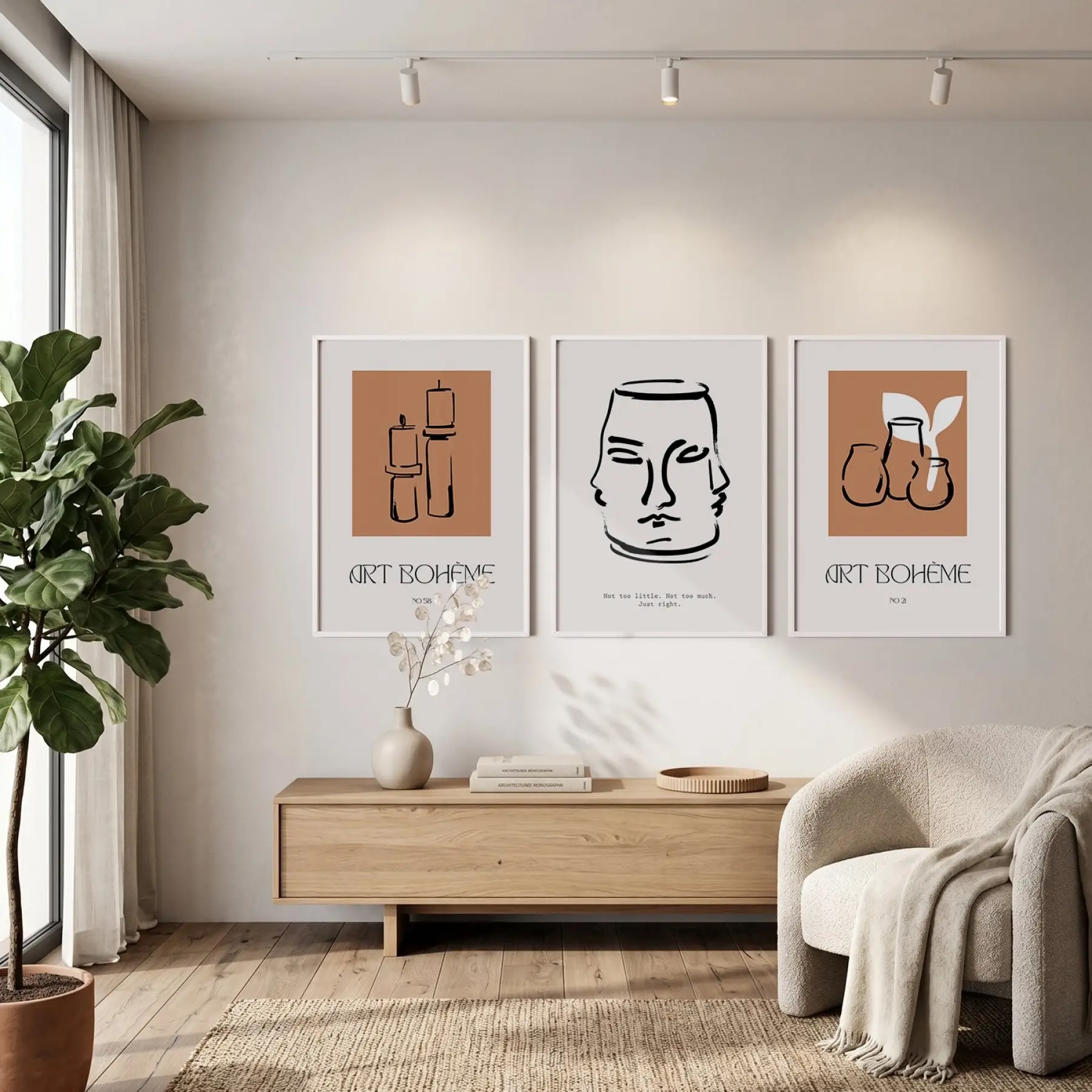 Toprak Tonlu Bohem Çizimler 3lü Beyaz Çerçeveli Tablo Seti Bohem Tablo Poster Tablo Duvar Tablo Ev