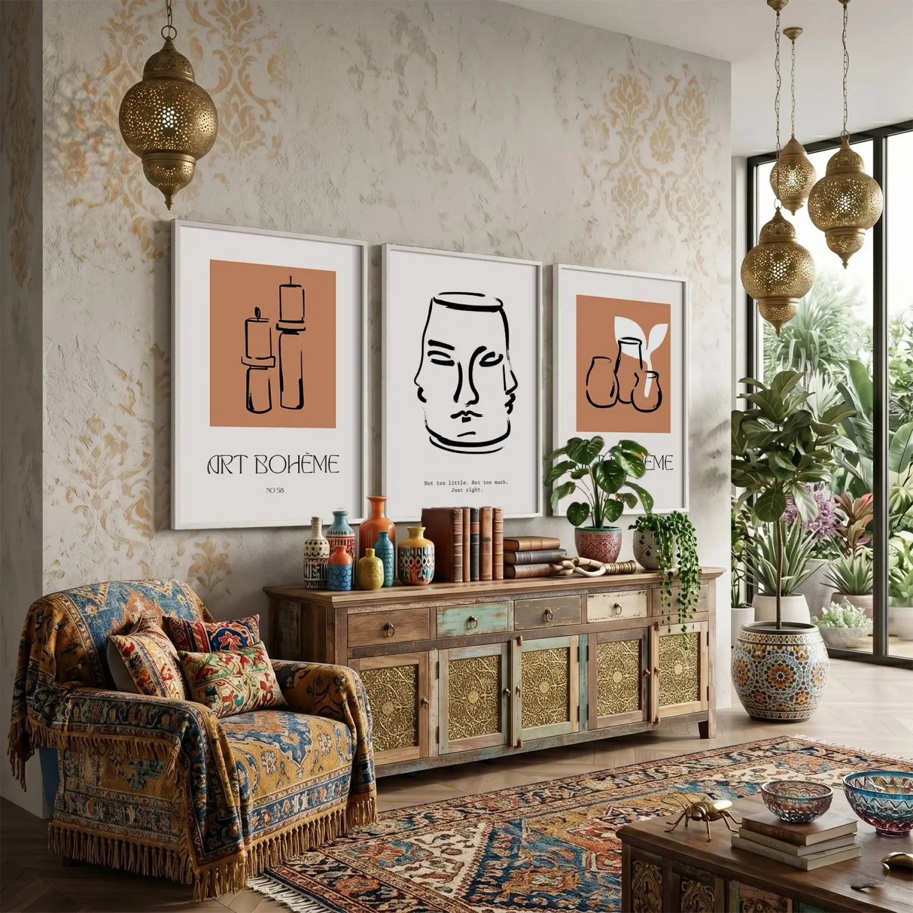 Toprak Tonlu Bohem Çizimler 3lü Beyaz Çerçeveli Tablo Seti Bohem Tablo Poster Tablo Duvar Tablo Ev