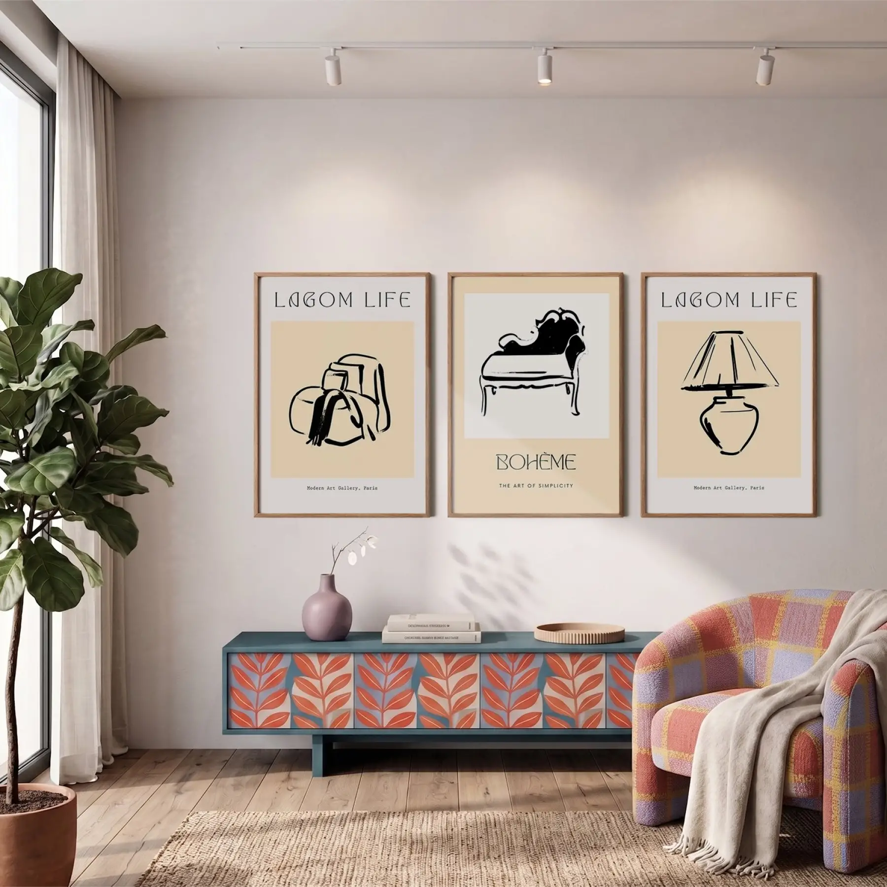 Bohem Minimalist İç Mekan Çizimleri 3lü Ahşap Çerçeveli Tablo Seti Bohem Tablo Poster Tablo Resim