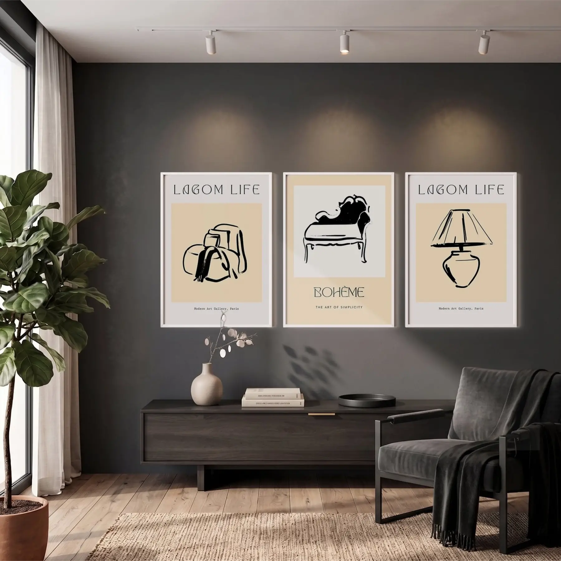 Bohem Minimalist İç Mekan Çizimleri 3lü Beyaz Çerçeveli Tablo Seti Bohem Tablo Salon Duvar Tablo