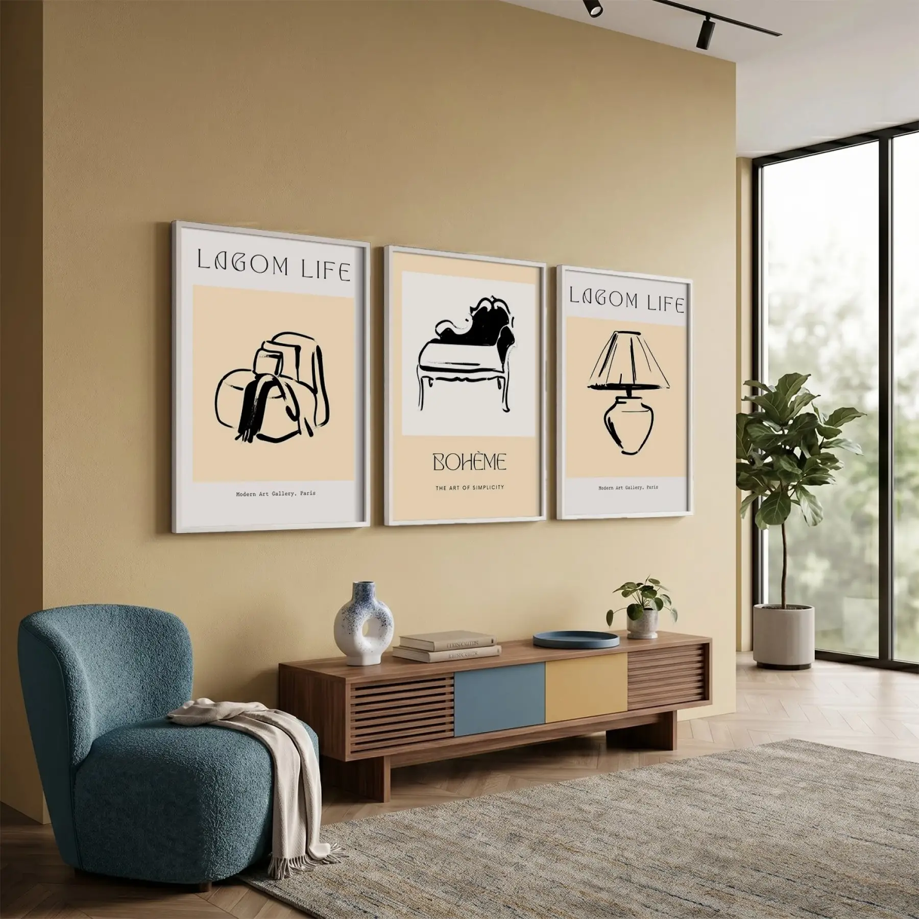 Bohem Minimalist İç Mekan Çizimleri 3lü Beyaz Çerçeveli Tablo Seti Bohem Tablo Salon Duvar Tablo