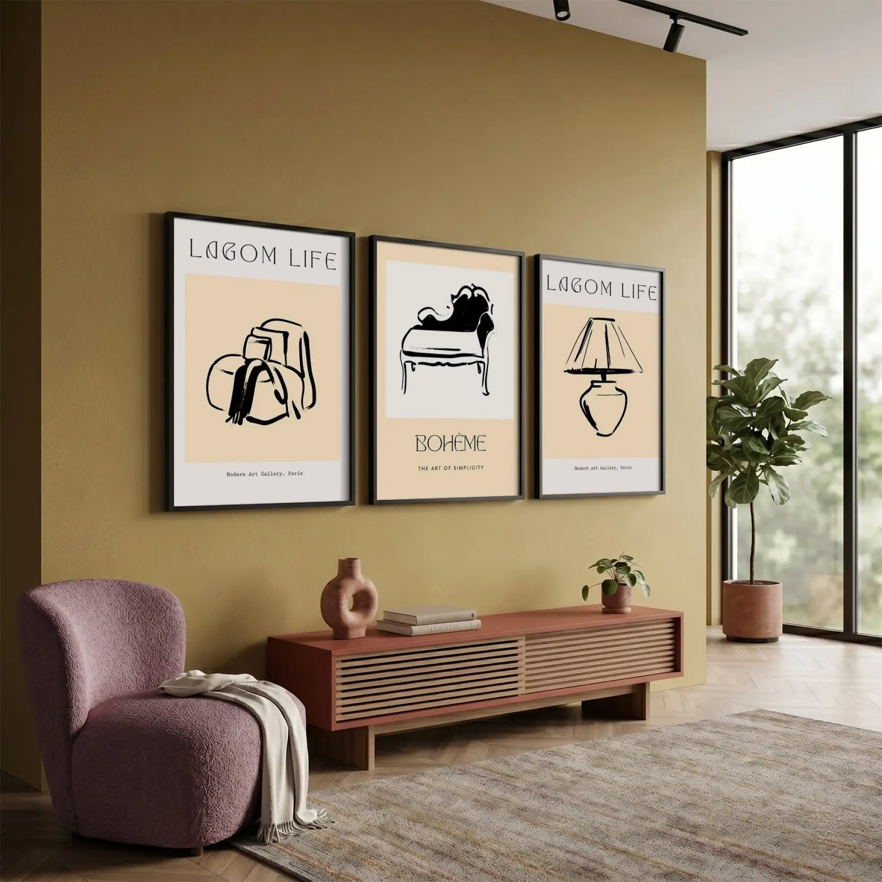 Bohem Minimalist İç Mekan Çizimleri 3lü Siyah Çerçeveli Tablo Seti Bohem Tablo Duvar Tablo Oda