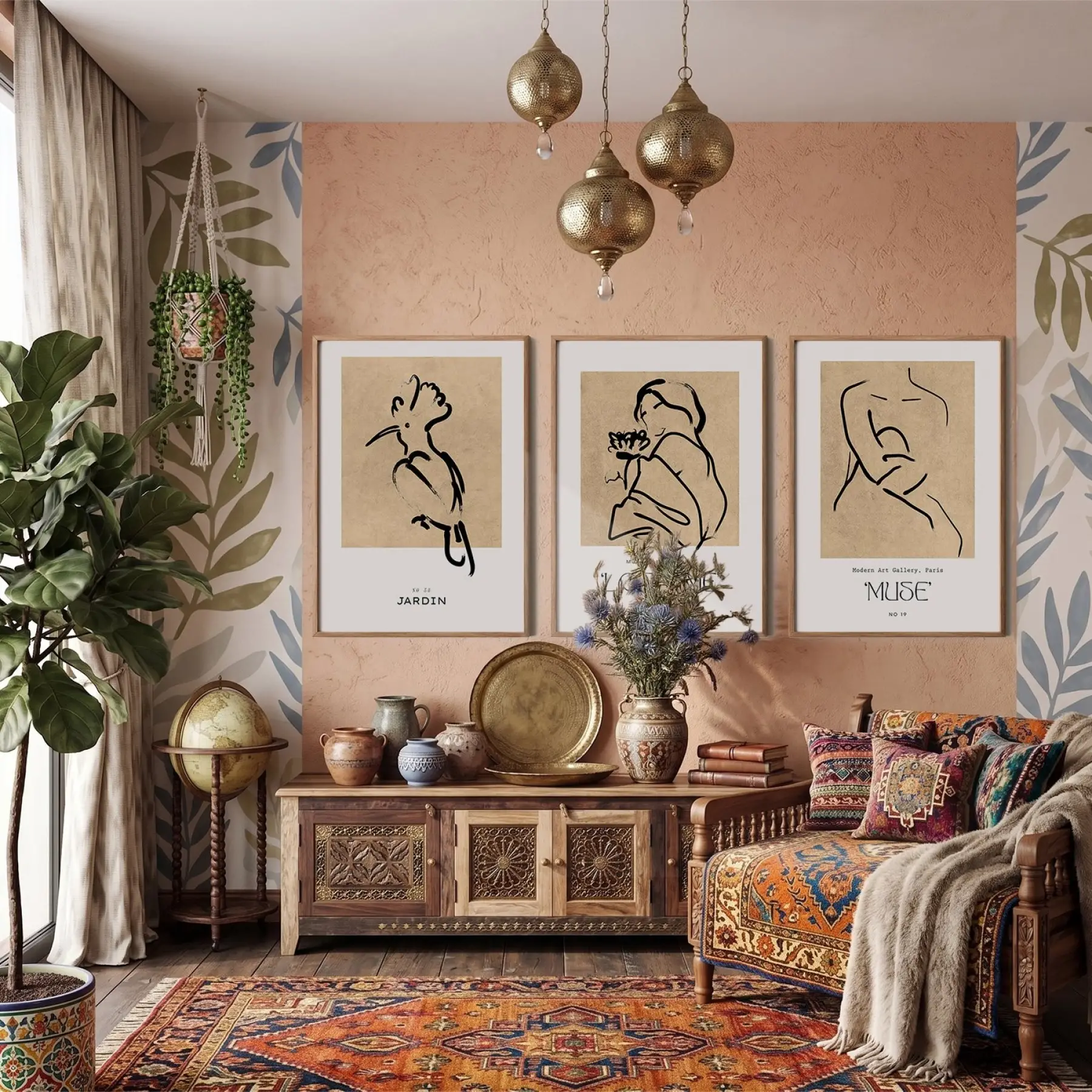 Bohem Minimalist Çizgi Figürler 3lü Ahşap Çerçeveli Tablo Seti Bohem Tablo Resim Çerçevesi Tablo
