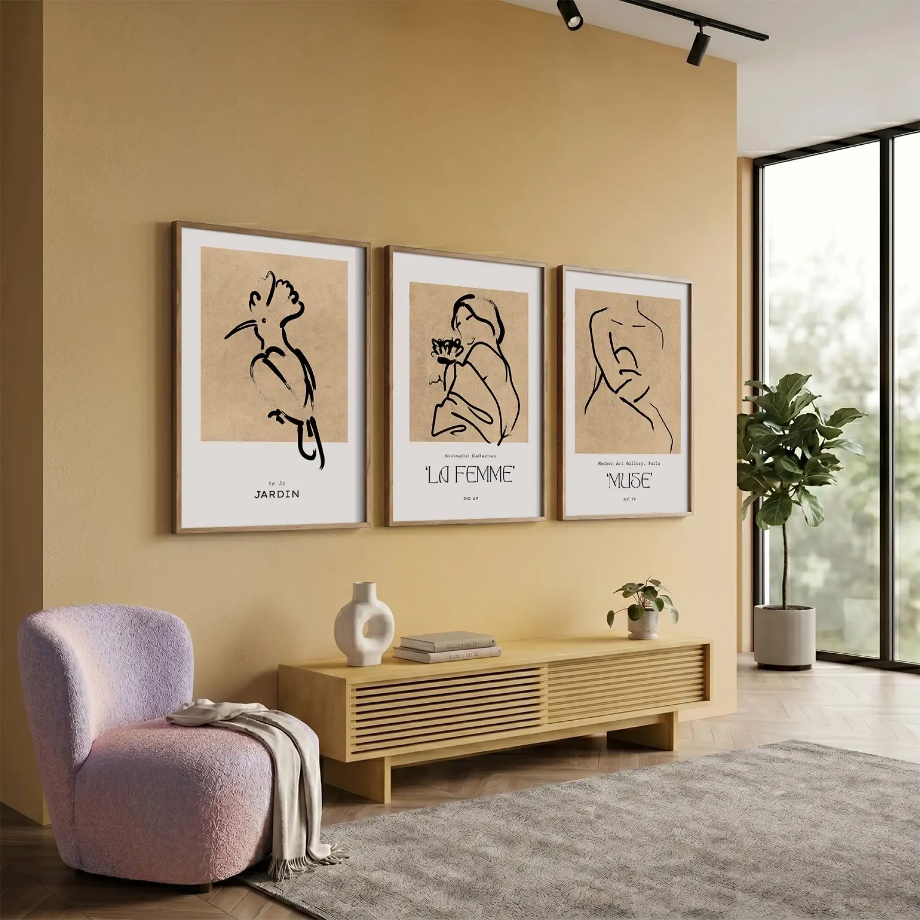 Bohem Minimalist Çizgi Figürler 3lü Ahşap Çerçeveli Tablo Seti Bohem Tablo Resim Çerçevesi Tablo