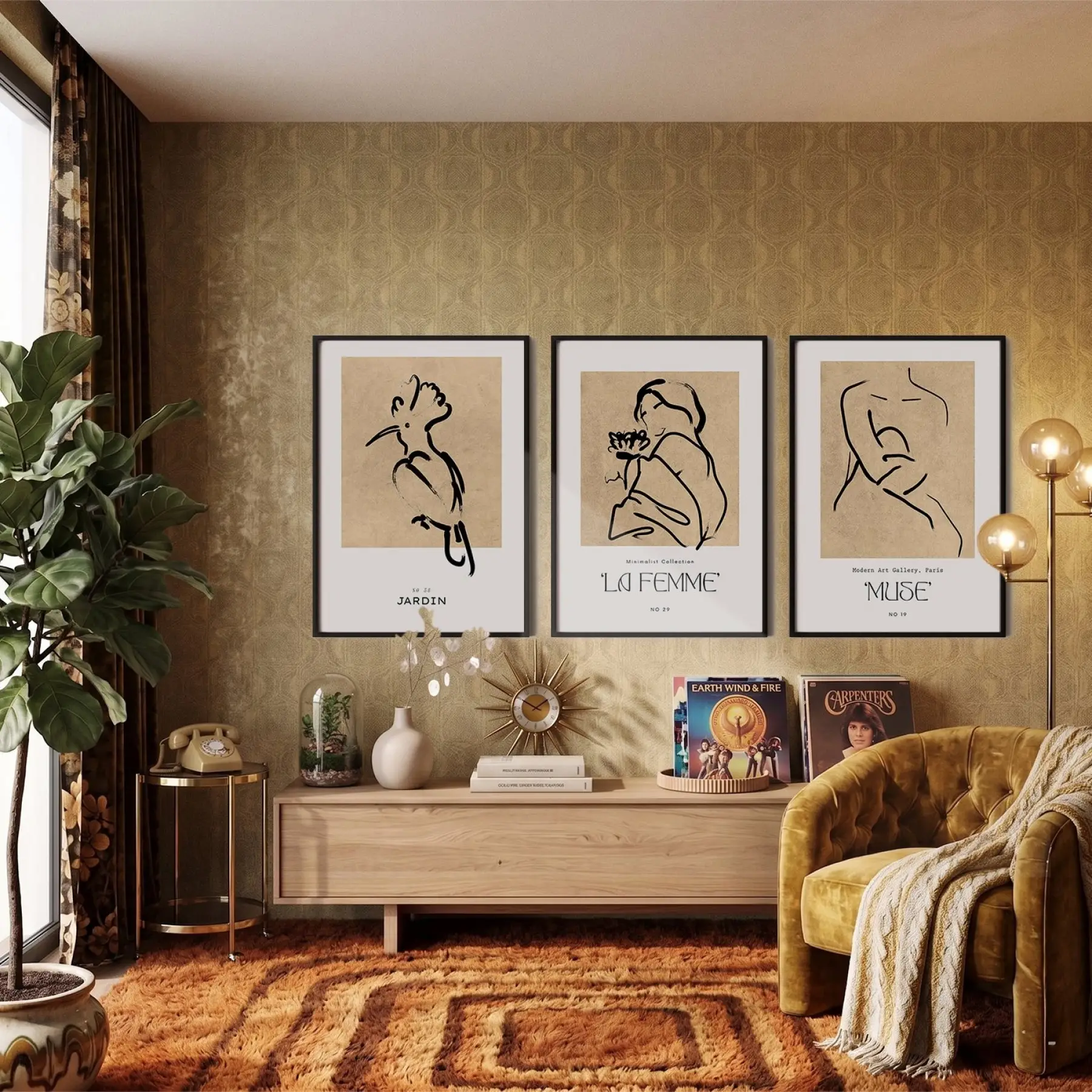 Bohem Minimalist Çizgi Figürler 3lü Siyah Çerçeveli Tablo Seti Bohem Tablo Duvar Tablo Oda