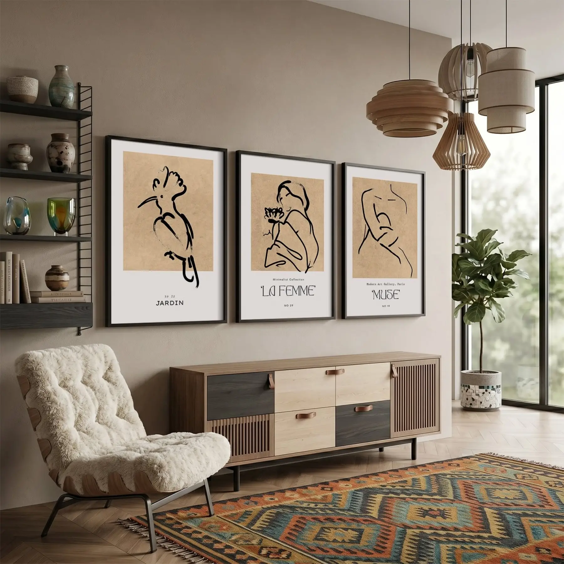 Bohem Minimalist Çizgi Figürler 3lü Siyah Çerçeveli Tablo Seti Bohem Tablo Duvar Tablo Oda