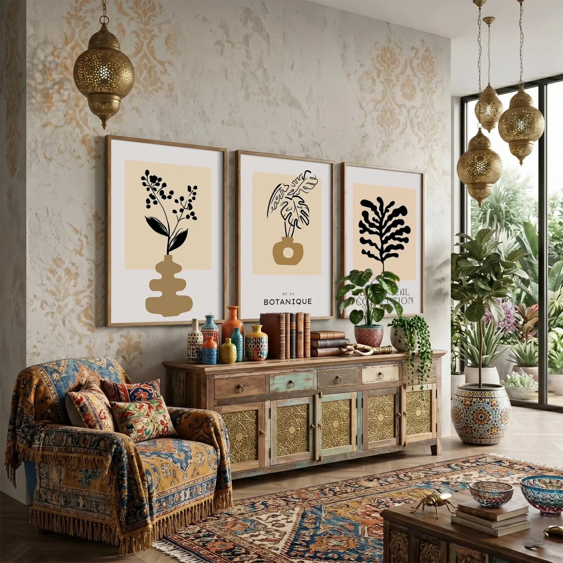 Minimalist Botanik Sanat Seti 3lü Ahşap Çerçeveli Tablo Seti Bohem Tablo Resim Çerçevesi Tablo