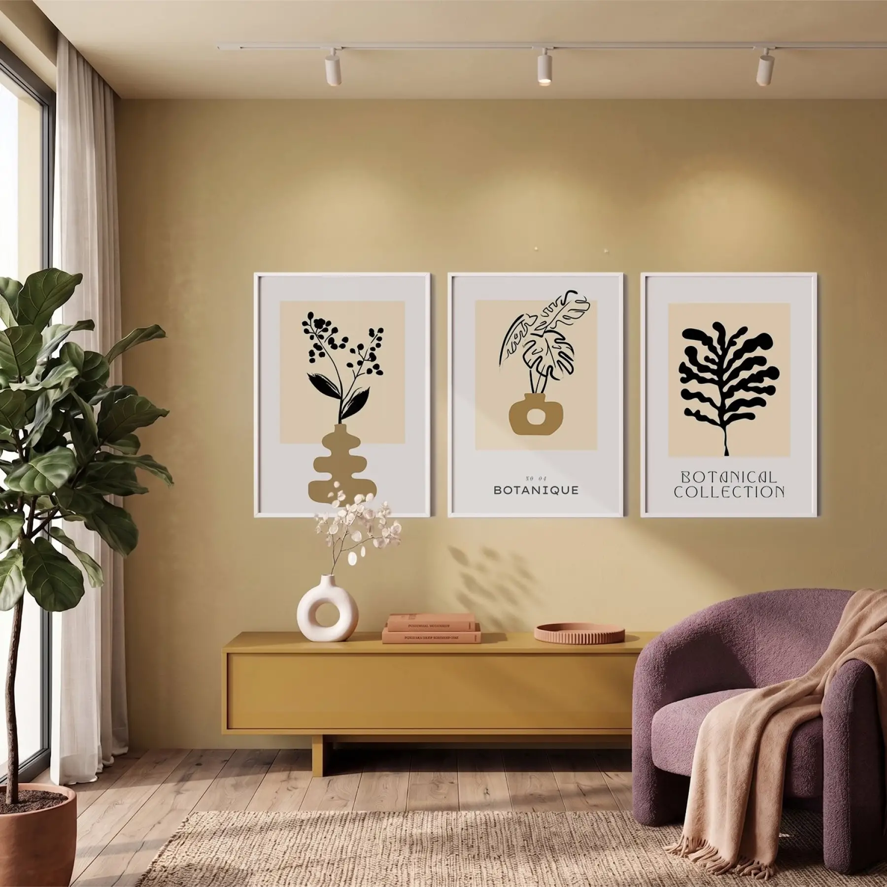 Minimalist Botanik Sanat Seti 3lü Beyaz Çerçeveli Tablo Seti Bohem Tablo Duvar Tablo Oda