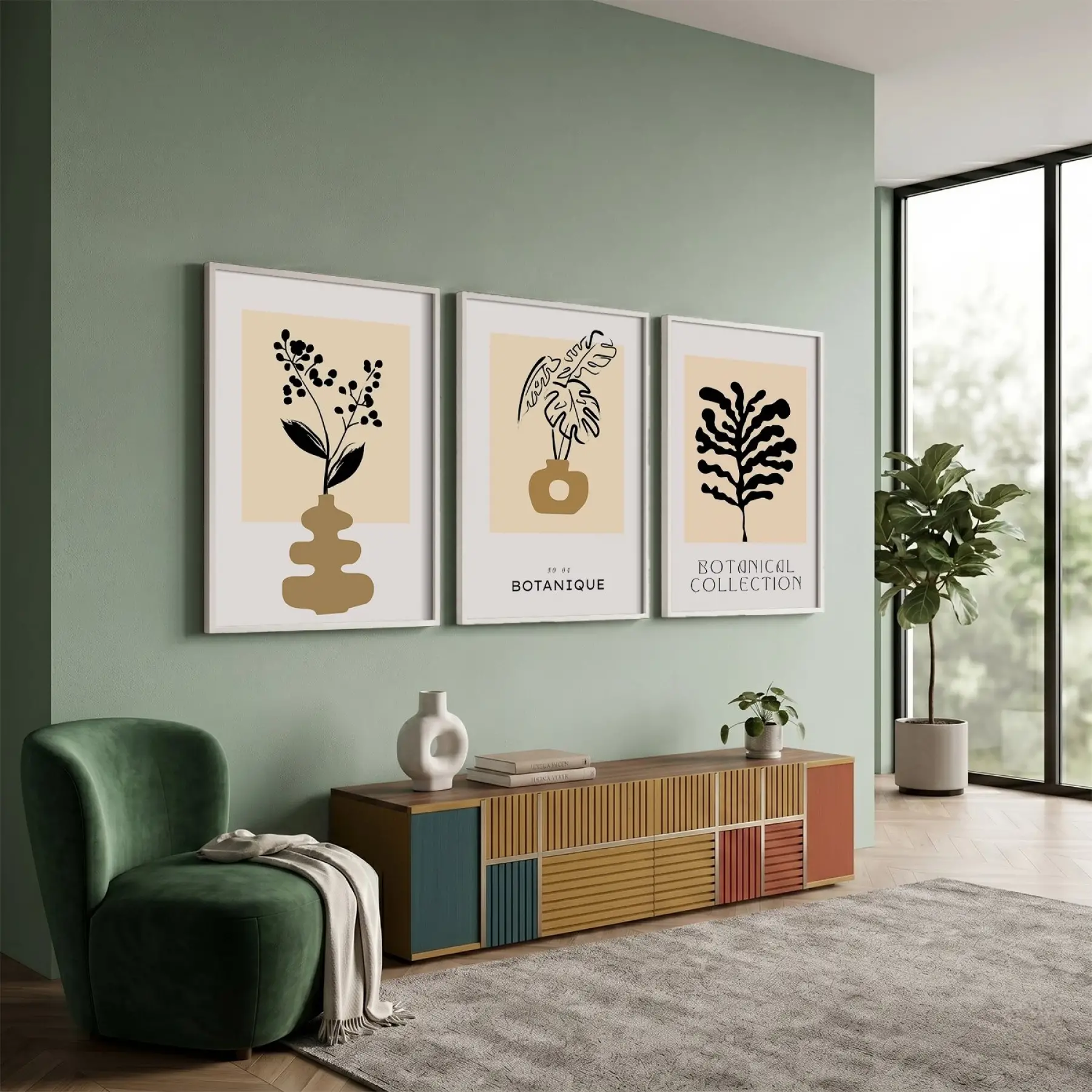 Minimalist Botanik Sanat Seti 3lü Beyaz Çerçeveli Tablo Seti Bohem Tablo Duvar Tablo Oda