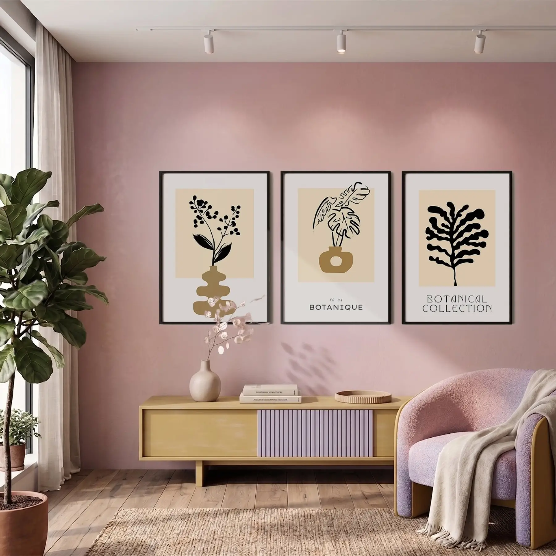 Minimalist Botanik Sanat Seti 3lü Siyah Çerçeveli Tablo Seti Bohem Tablo Poster Tablo Resim