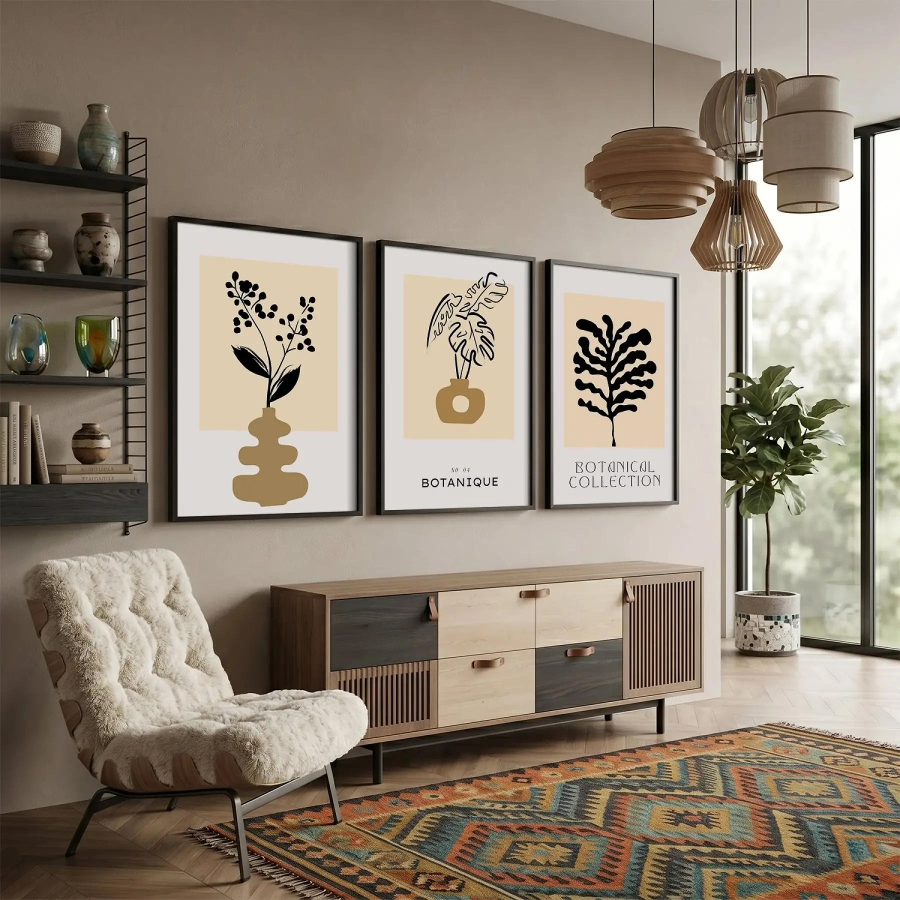 Minimalist Botanik Sanat Seti 3lü Siyah Çerçeveli Tablo Seti Bohem Tablo Poster Tablo Resim