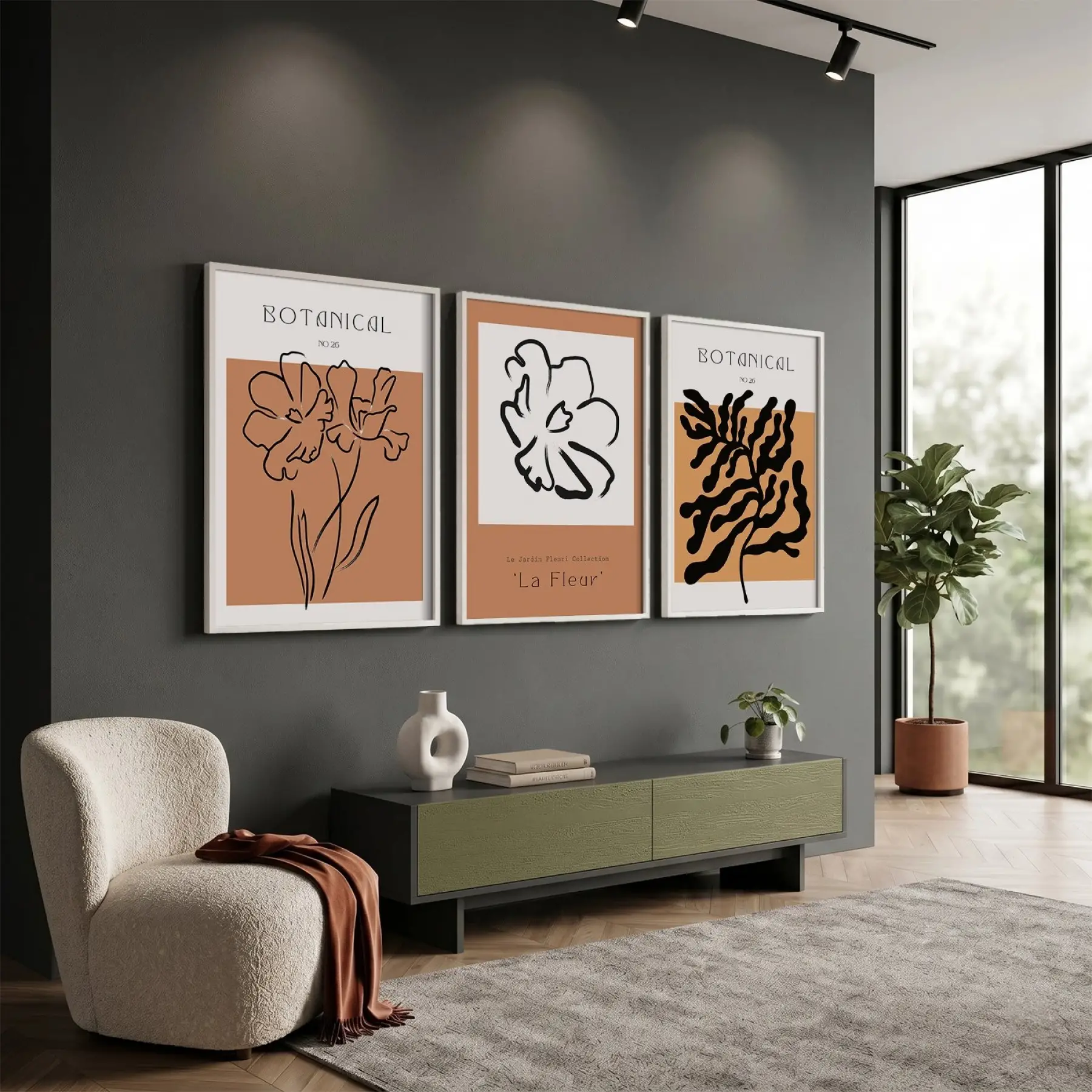 Toprak Tonları Soyut Botanik 3lü Beyaz Çerçeveli Tablo Seti Bohem Tablo Salon Duvar Tablo Poster