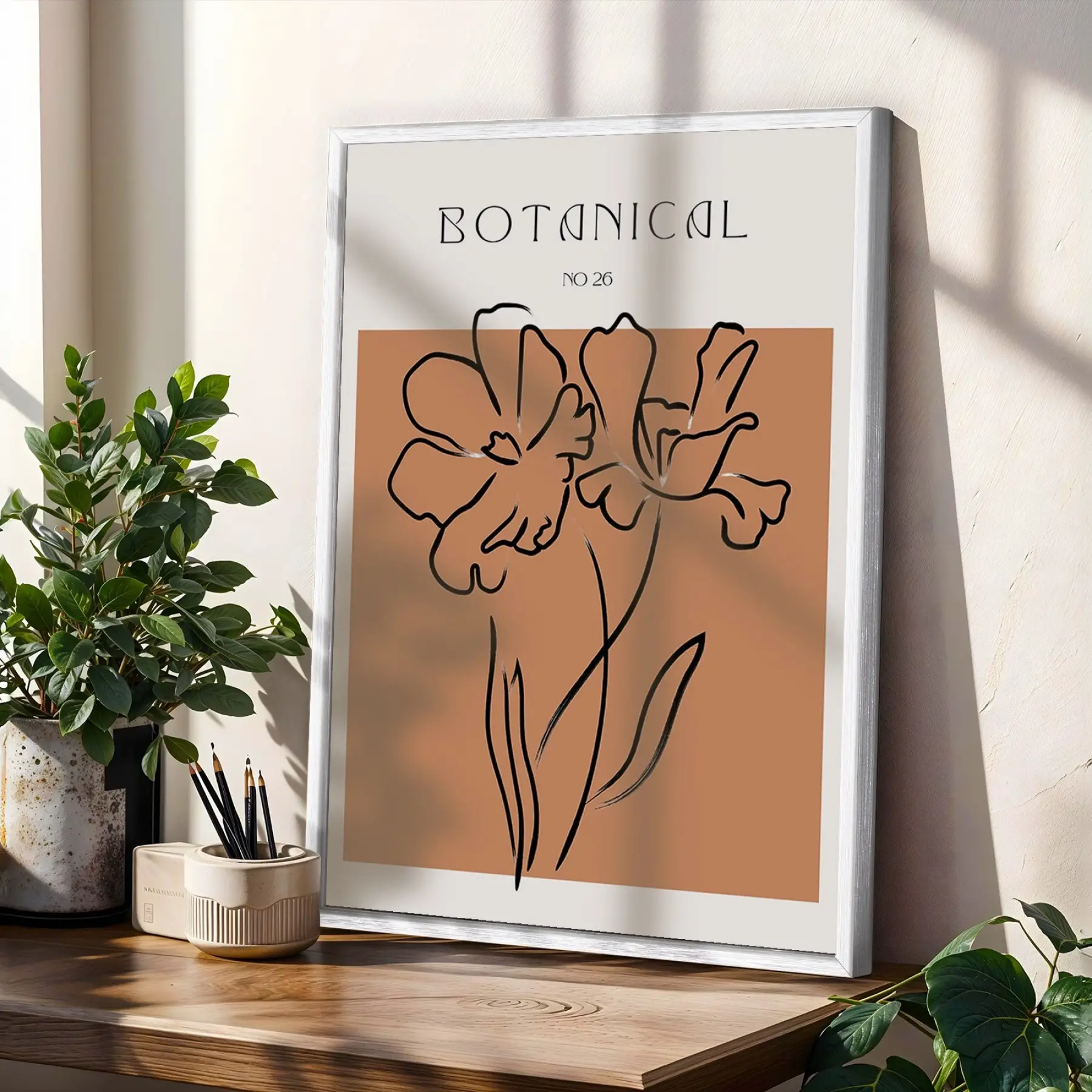 Toprak Tonları Soyut Botanik 3lü Beyaz Çerçeveli Tablo Seti Bohem Tablo Salon Duvar Tablo Poster