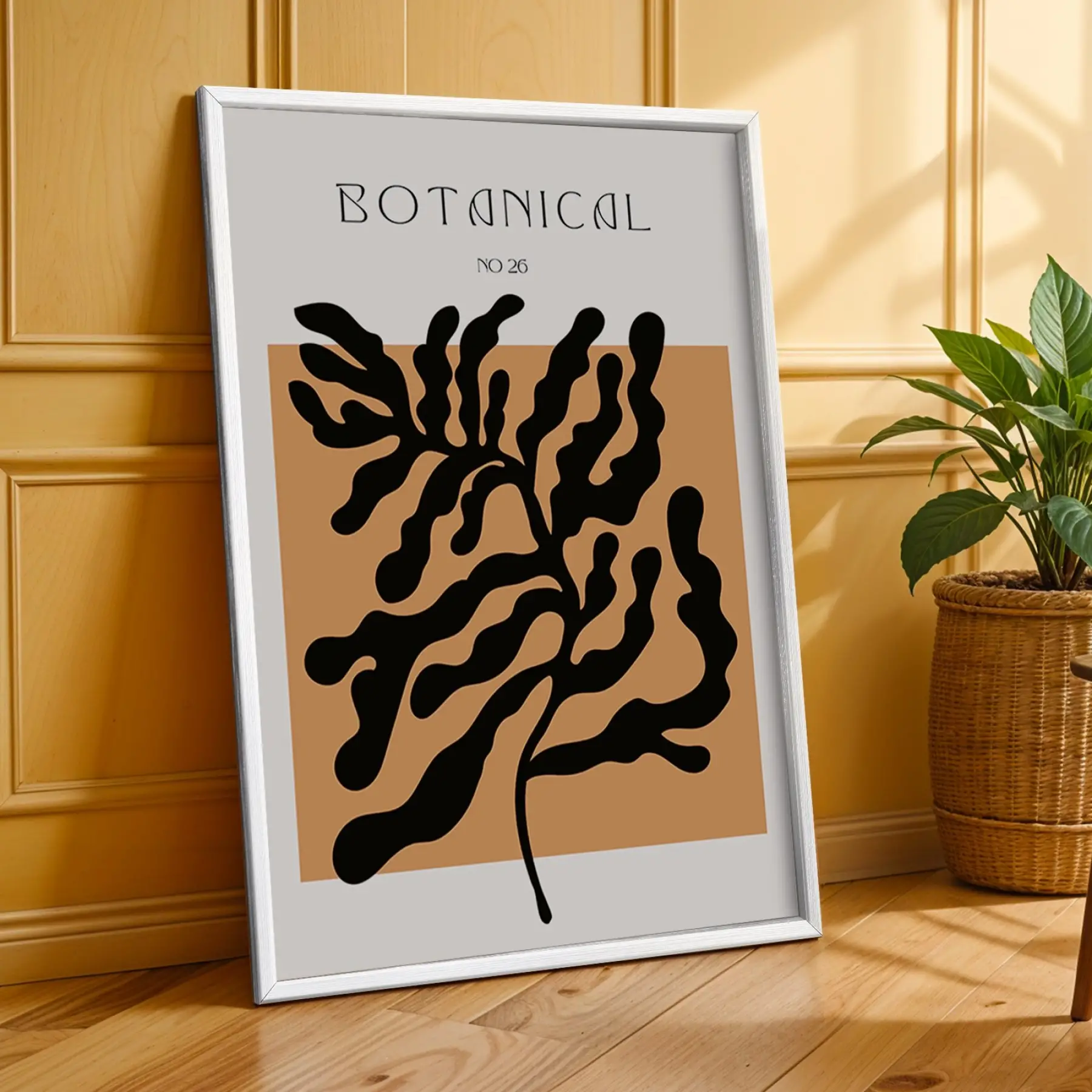 Toprak Tonları Soyut Botanik 3lü Beyaz Çerçeveli Tablo Seti Bohem Tablo Salon Duvar Tablo Poster