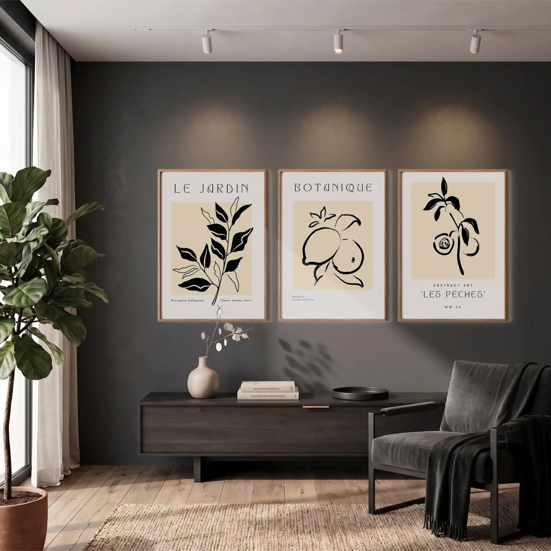 Minimalist Botanik Çizgiler 3lü Ahşap Çerçeveli Tablo Seti Bohem Tablo Salon Duvar Tablo Poster
