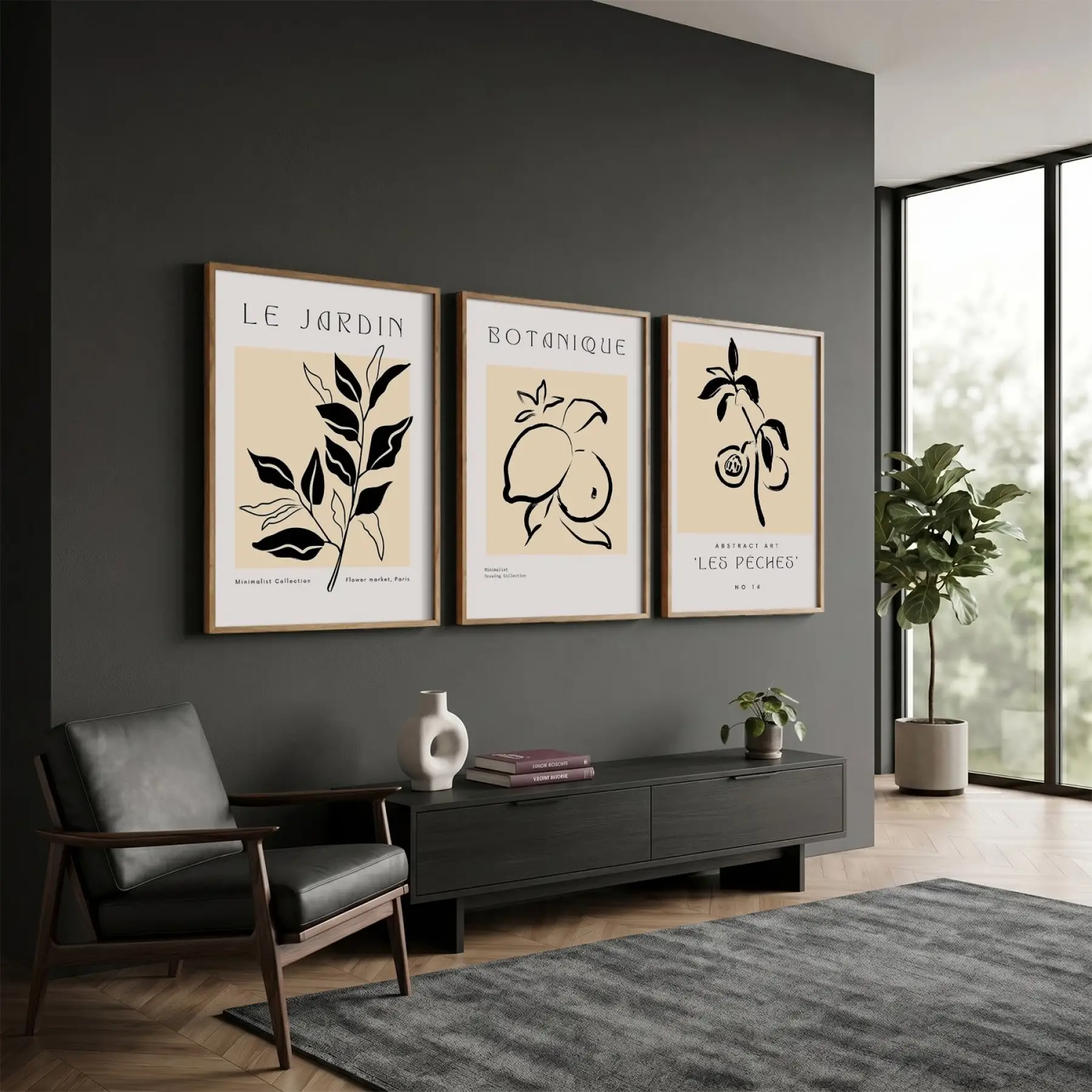 Minimalist Botanik Çizgiler 3lü Ahşap Çerçeveli Tablo Seti Bohem Tablo Salon Duvar Tablo Poster