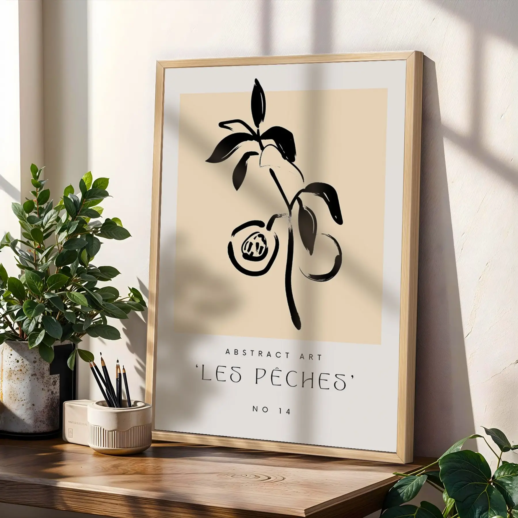 Minimalist Botanik Çizgiler 3lü Ahşap Çerçeveli Tablo Seti Bohem Tablo Salon Duvar Tablo Poster