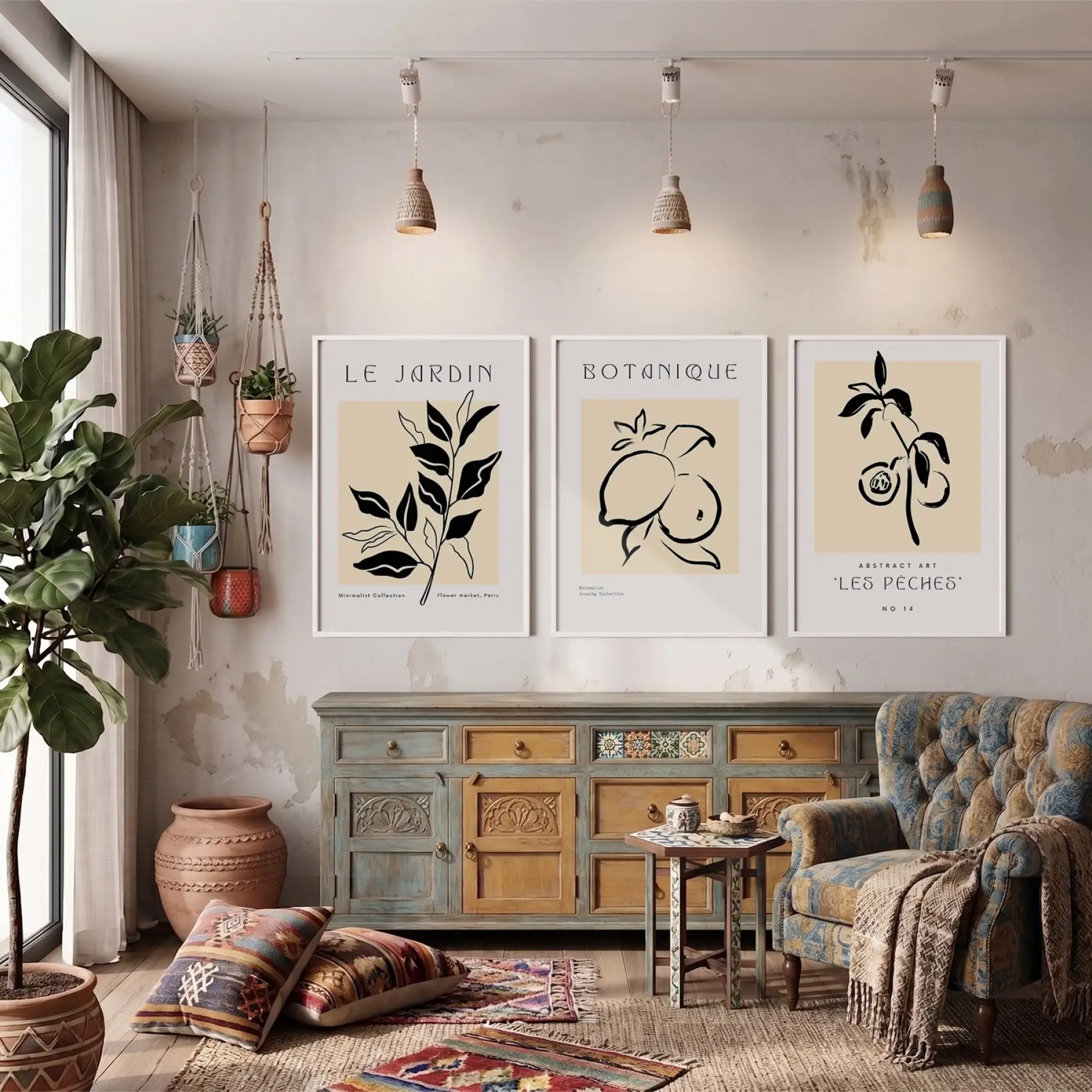 Minimalist Botanik Çizgiler 3lü Beyaz Çerçeveli Tablo Seti Bohem Tablo Poster Tablo Duvar Tablo Ev