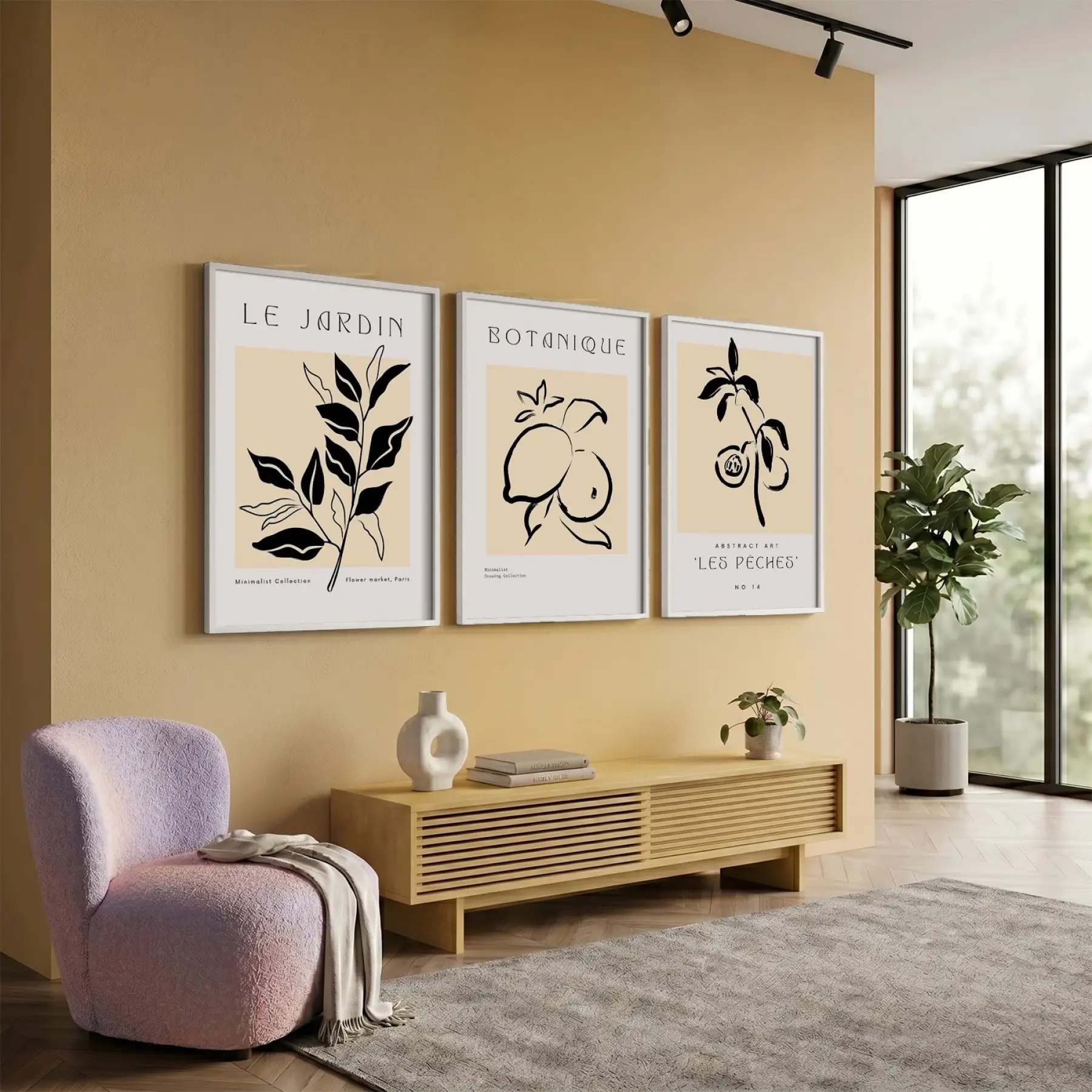 Minimalist Botanik Çizgiler 3lü Beyaz Çerçeveli Tablo Seti Bohem Tablo Poster Tablo Duvar Tablo Ev