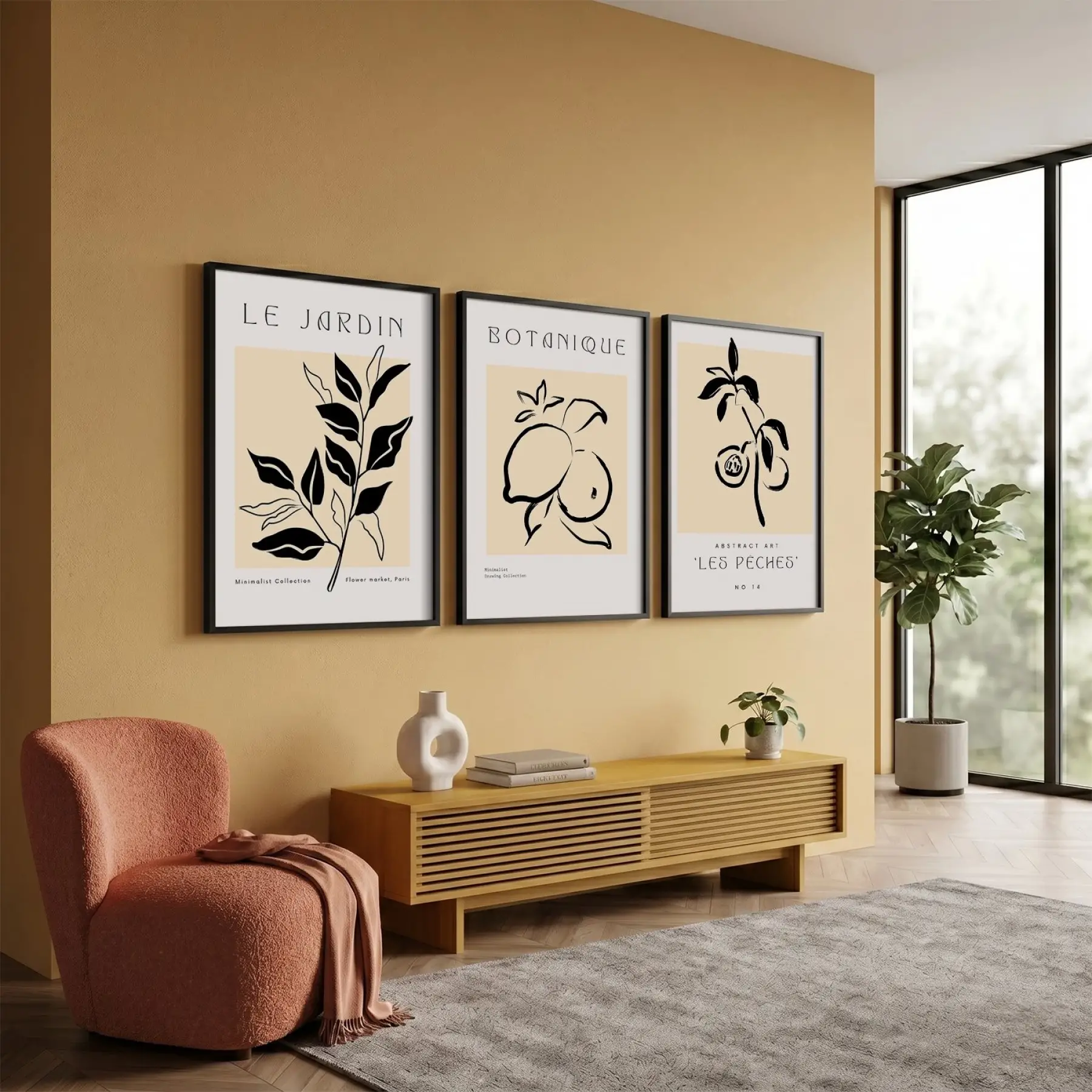 Minimalist Botanik Çizgiler 3lü Siyah Çerçeveli Tablo Seti Bohem Tablo Salon Duvar Tablo Poster