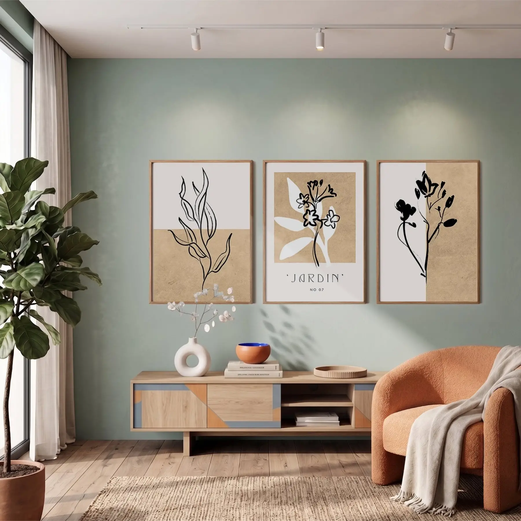 Minimalist Jardin Bitki Seti 3lü Ahşap Çerçeveli Tablo Seti Duvar Tablo Oda Dekorasyonu Dekoratif